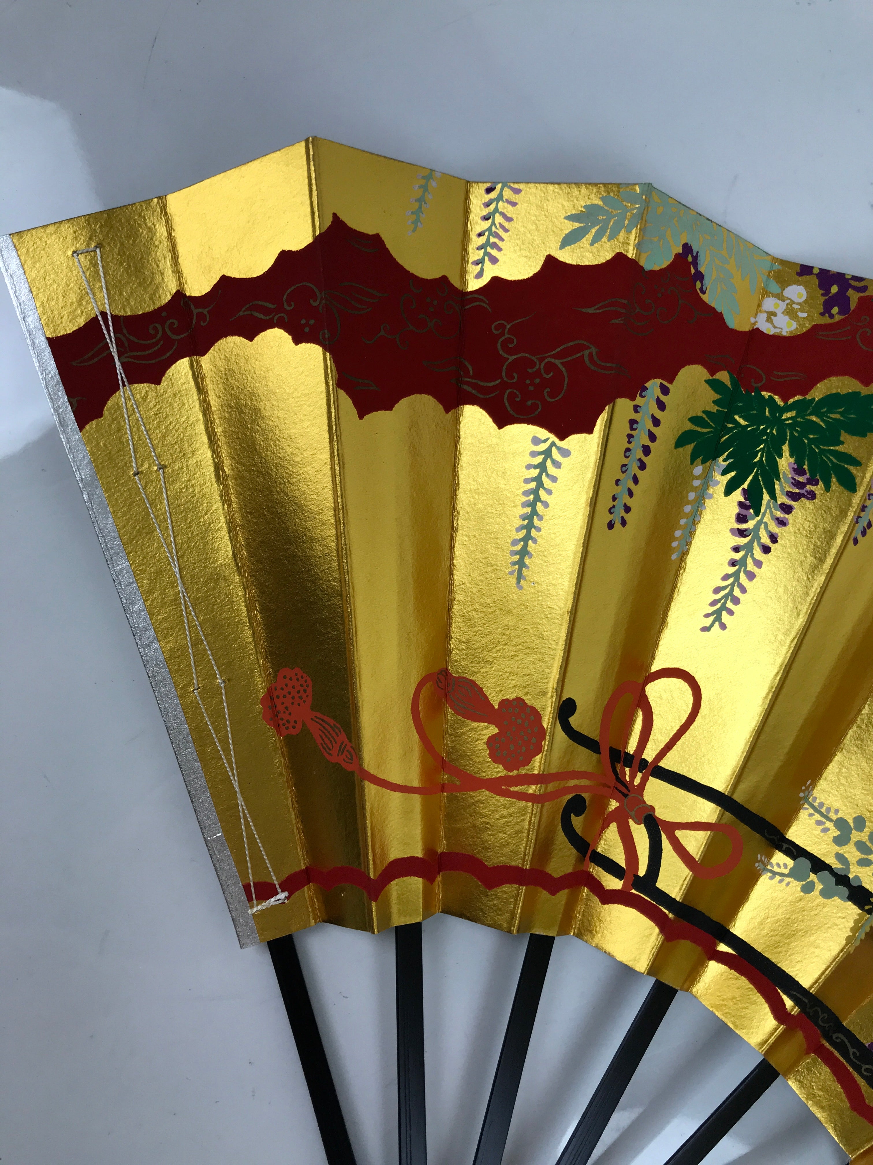 Japanese Folding Fan Shimaisen Sensu Vtg Bamboo Frame Gold Silver Flowers 4D792