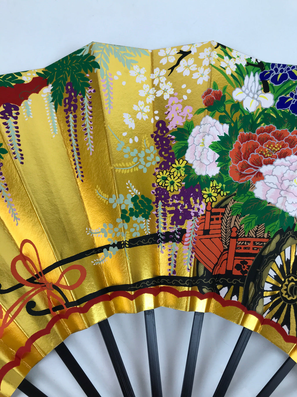 Japanese Folding Fan Shimaisen Sensu Vtg Bamboo Frame Gold Silver Flowers 4D792
