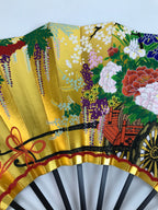 Japanese Folding Fan Shimaisen Sensu Vtg Bamboo Frame Gold Silver Flowers 4D792