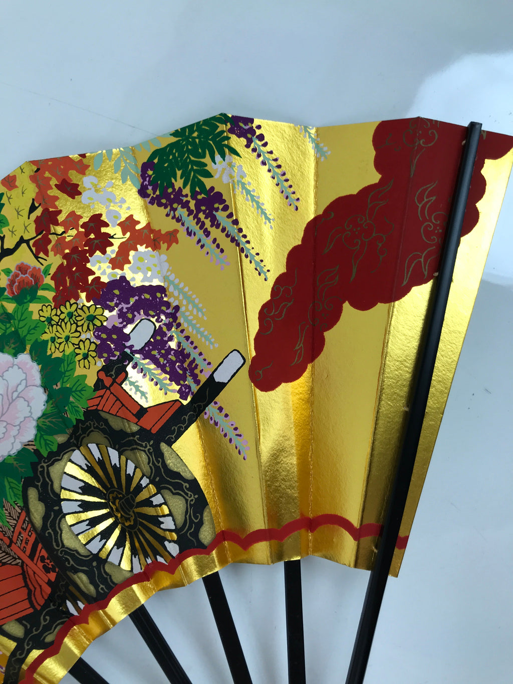 Japanese Folding Fan Shimaisen Sensu Vtg Bamboo Frame Gold Silver Flowers 4D792