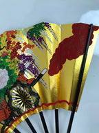 Japanese Folding Fan Shimaisen Sensu Vtg Bamboo Frame Gold Silver Flowers 4D792