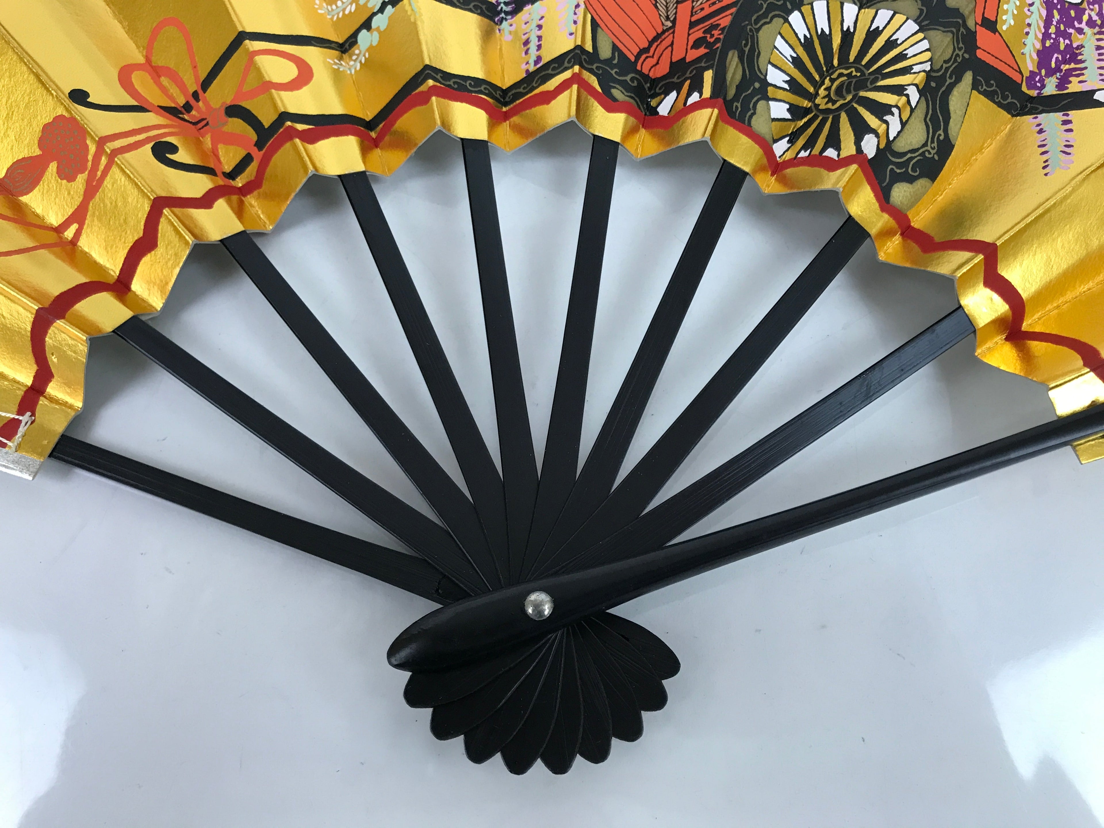 Japanese Folding Fan Shimaisen Sensu Vtg Bamboo Frame Gold Silver Flowers 4D792