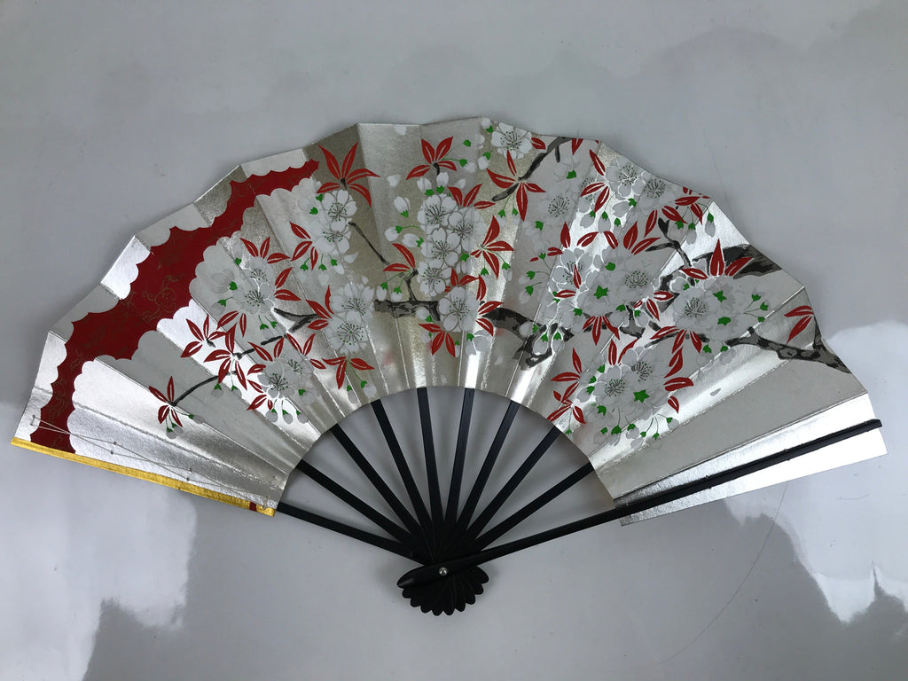 Japanese Folding Fan Shimaisen Sensu Vtg Bamboo Frame Gold Silver Flowers 4D792