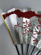 Japanese Folding Fan Shimaisen Sensu Vtg Bamboo Frame Gold Silver Flowers 4D792