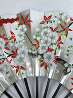 Japanese Folding Fan Shimaisen Sensu Vtg Bamboo Frame Gold Silver Flowers 4D792