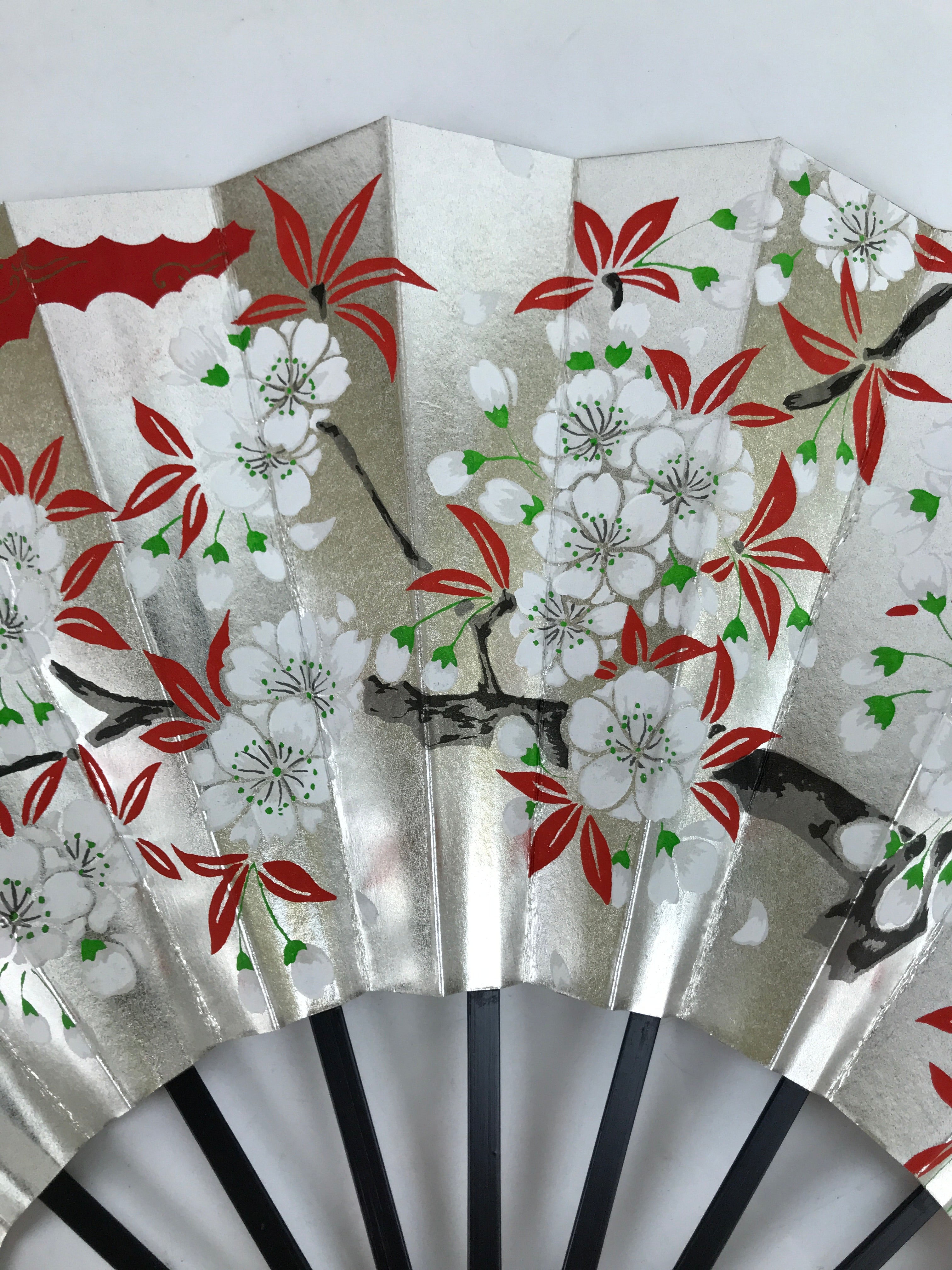 Japanese Folding Fan Shimaisen Sensu Vtg Bamboo Frame Gold Silver Flowers 4D792