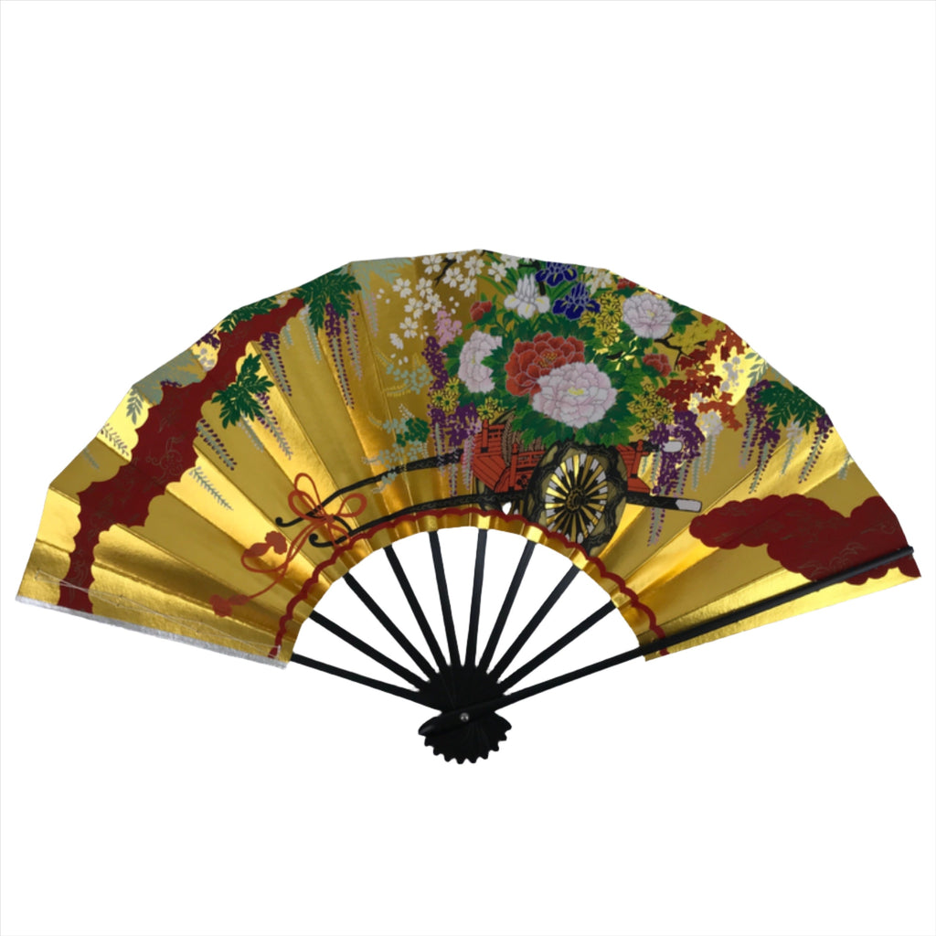 Japanese Folding Fan Shimaisen Sensu Vtg Bamboo Frame Gold Silver Flowers 4D792