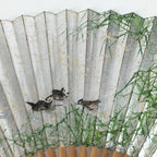Japanese Folding Fan Vtg Sensu Bamboo Frame Silver Paper Birds 4D620