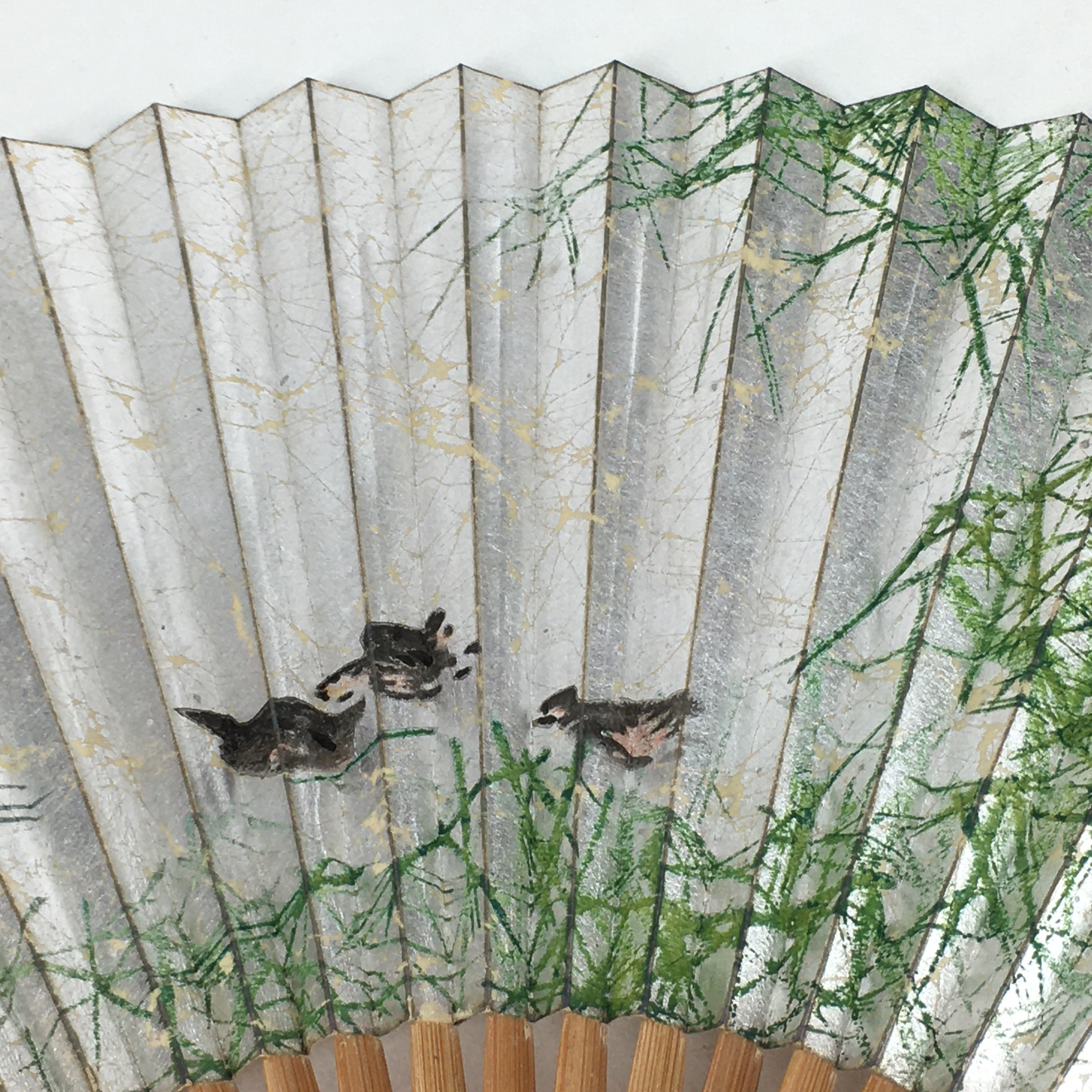Japanese Folding Fan Vtg Sensu Bamboo Frame Silver Paper Birds 4D620