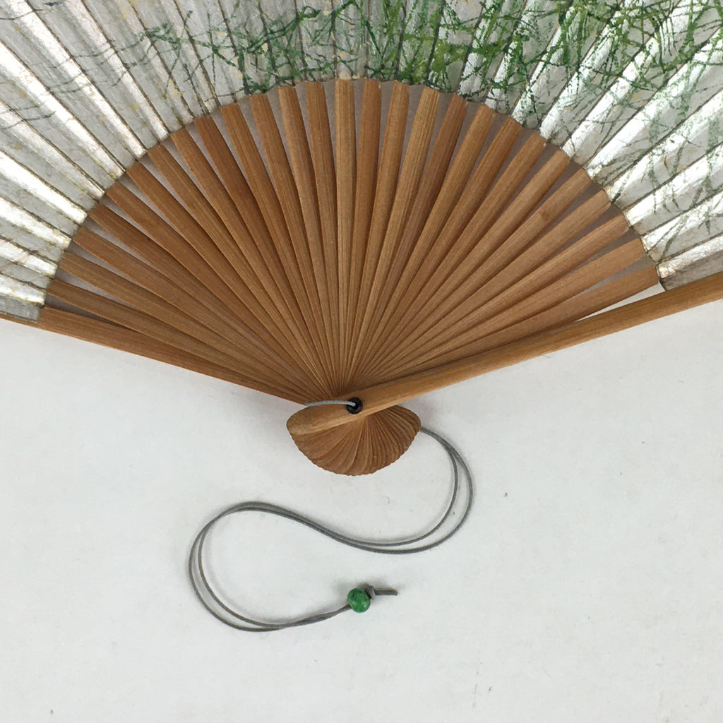 Japanese Folding Fan Vtg Sensu Bamboo Frame Silver Paper Birds 4D620