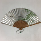 Japanese Folding Fan Vtg Sensu Bamboo Frame Silver Paper Birds 4D620