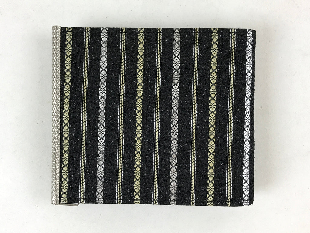 Japanese Folding Wallet Coin Purse Vtg Black Leather Fabric Hakata-Ori JK617