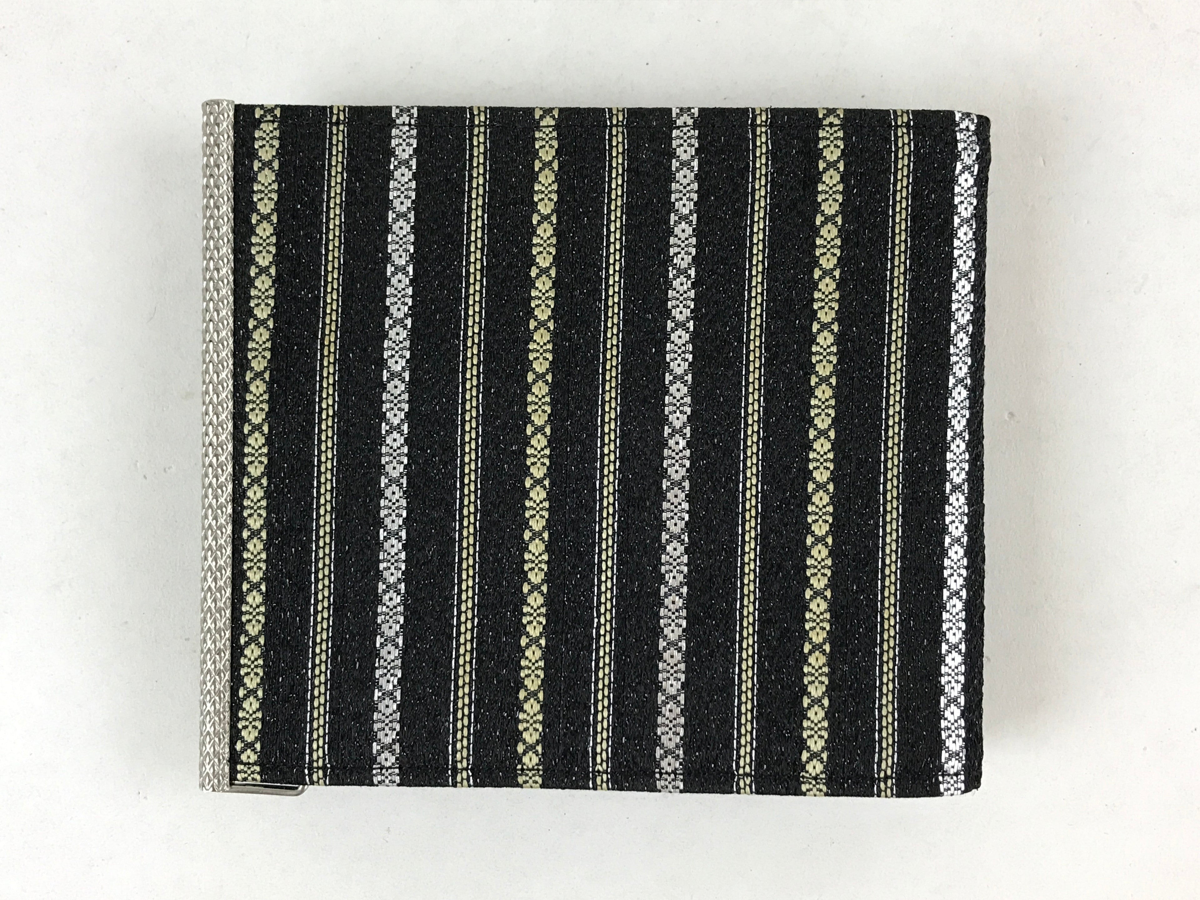 Japanese Folding Wallet Coin Purse Vtg Black Leather Fabric Hakata-Ori JK617
