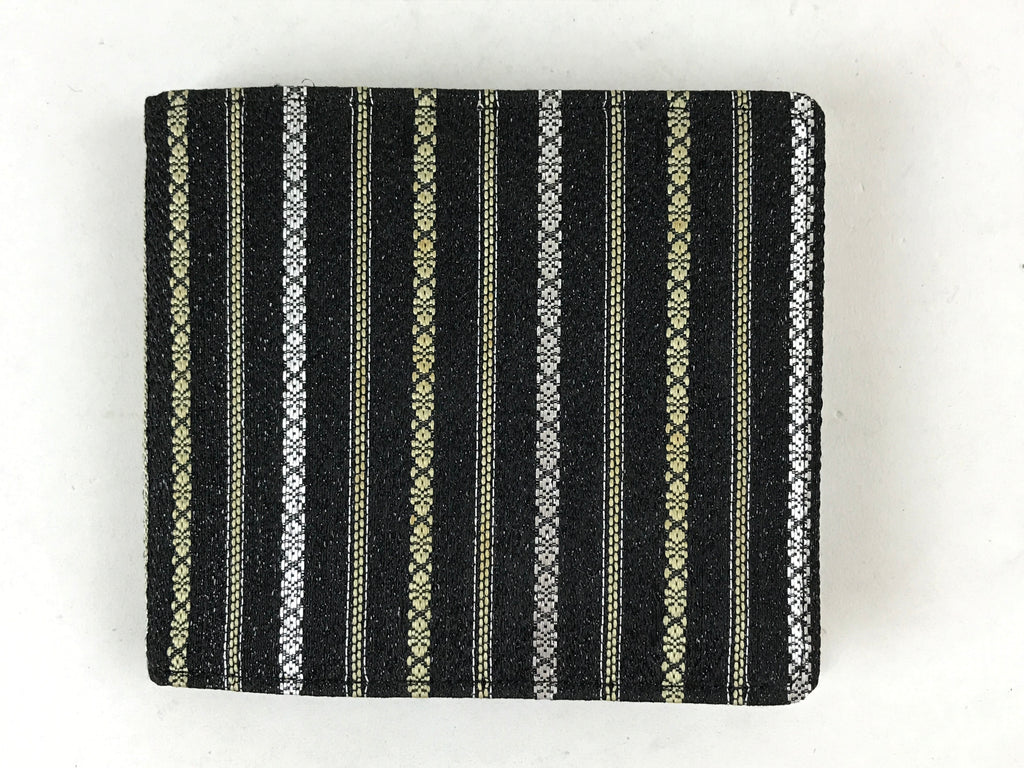 Japanese Folding Wallet Coin Purse Vtg Black Leather Fabric Hakata-Ori JK617