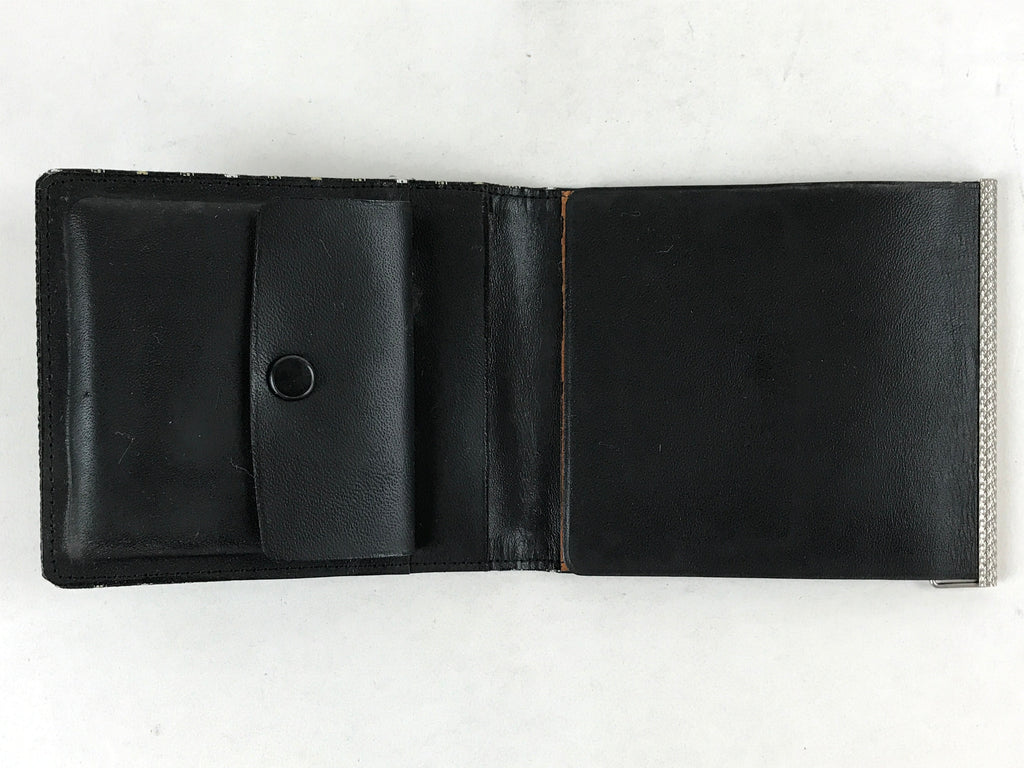 Japanese Folding Wallet Coin Purse Vtg Black Leather Fabric Hakata-Ori JK617
