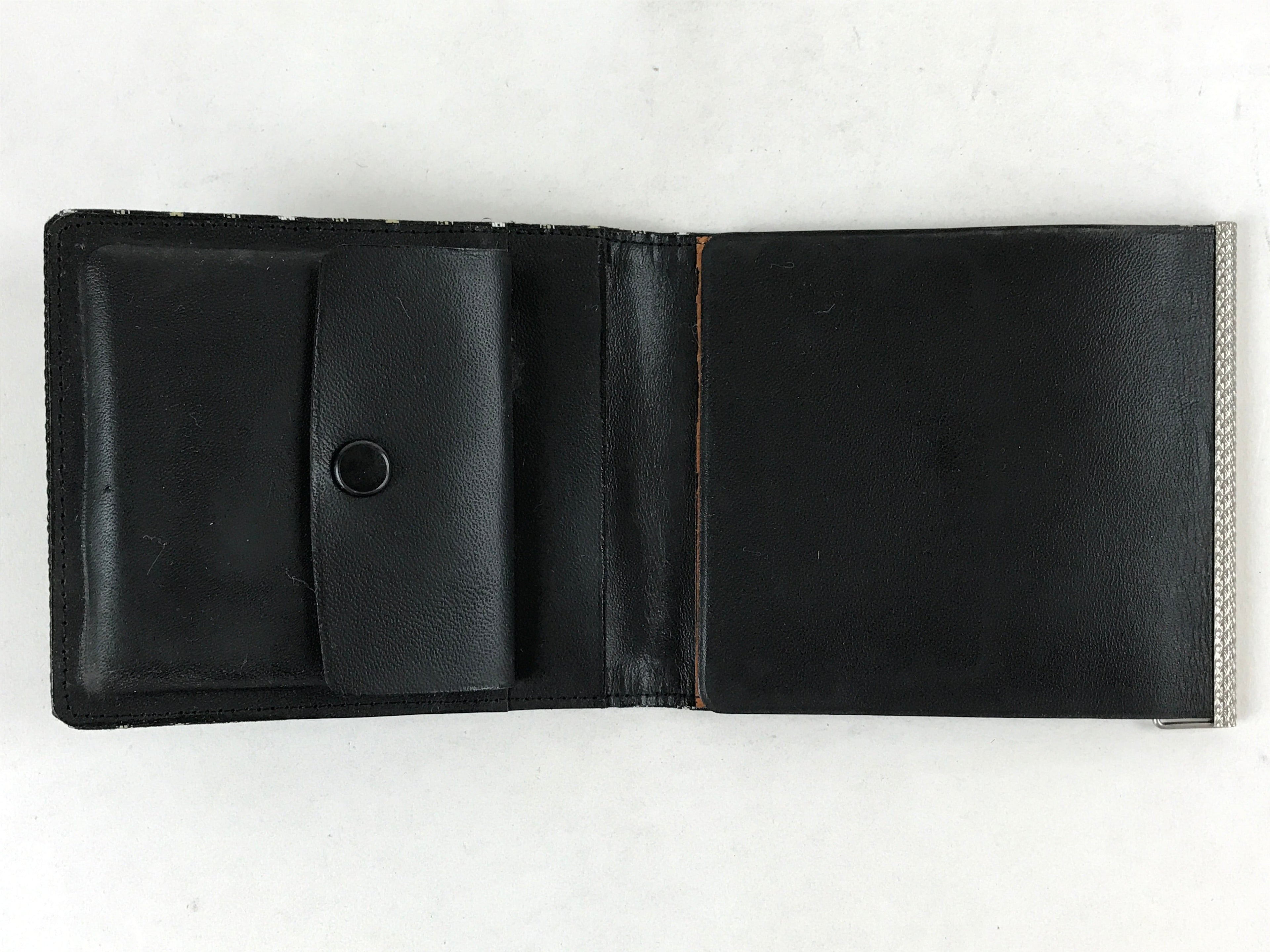 Japanese Folding Wallet Coin Purse Vtg Black Leather Fabric Hakata-Ori JK617