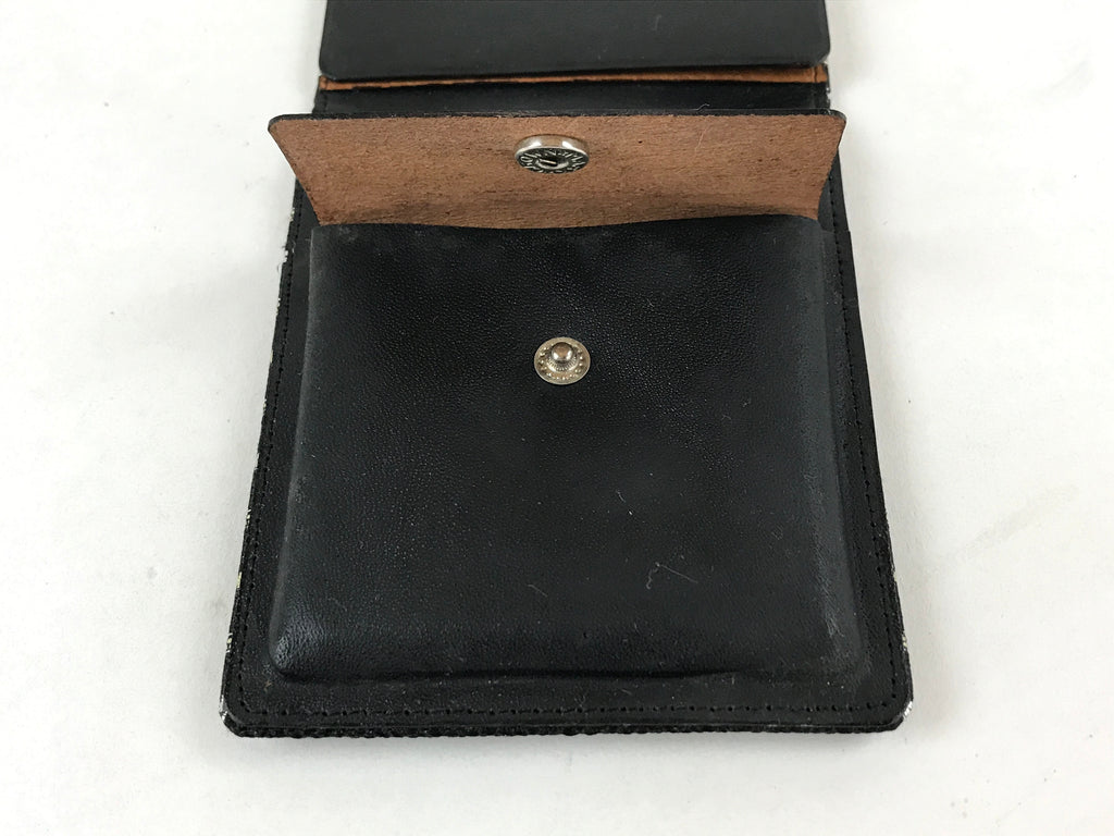 Japanese Folding Wallet Coin Purse Vtg Black Leather Fabric Hakata-Ori JK617