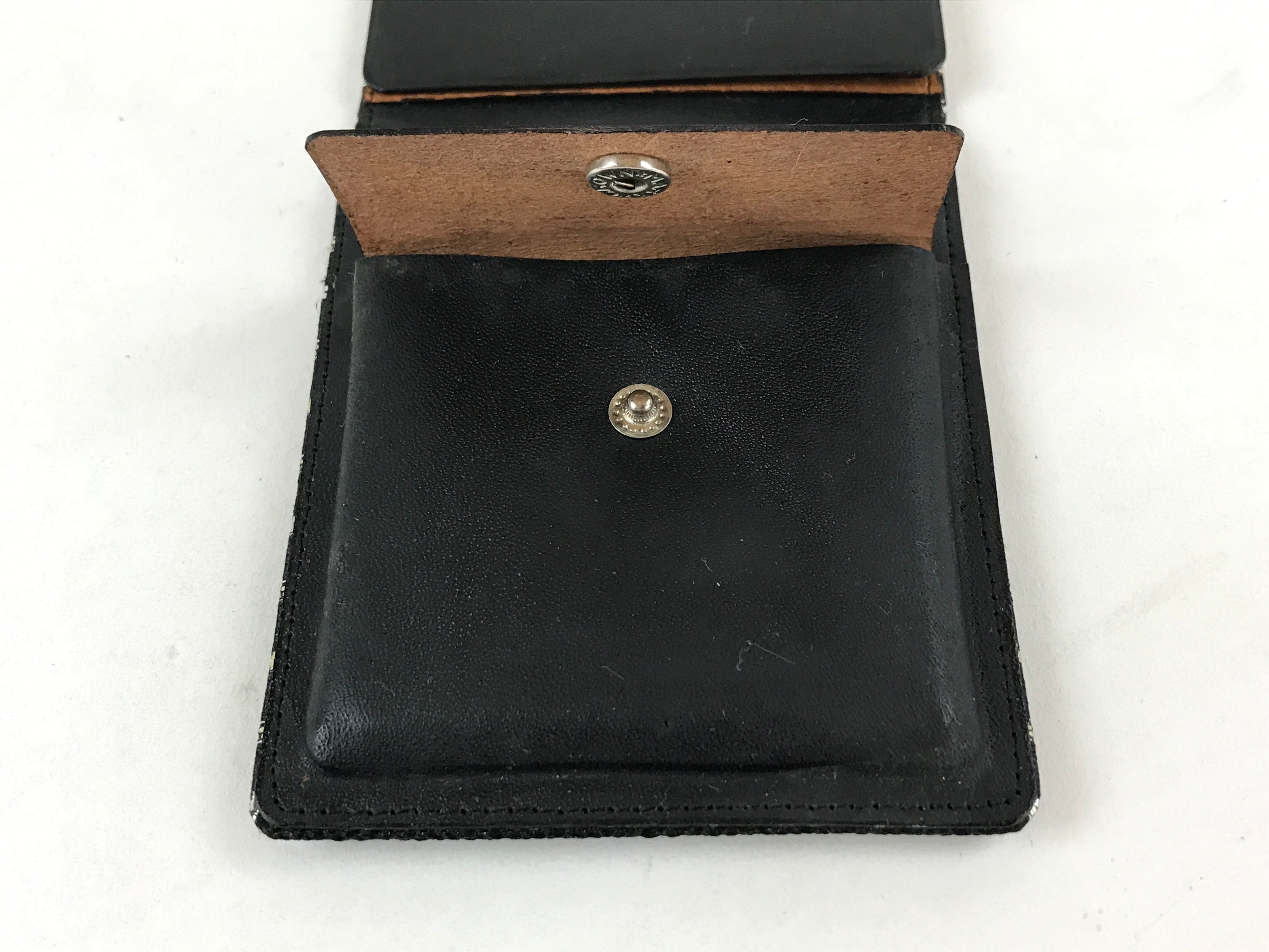 Japanese Folding Wallet Coin Purse Vtg Black Leather Fabric Hakata-Ori JK617