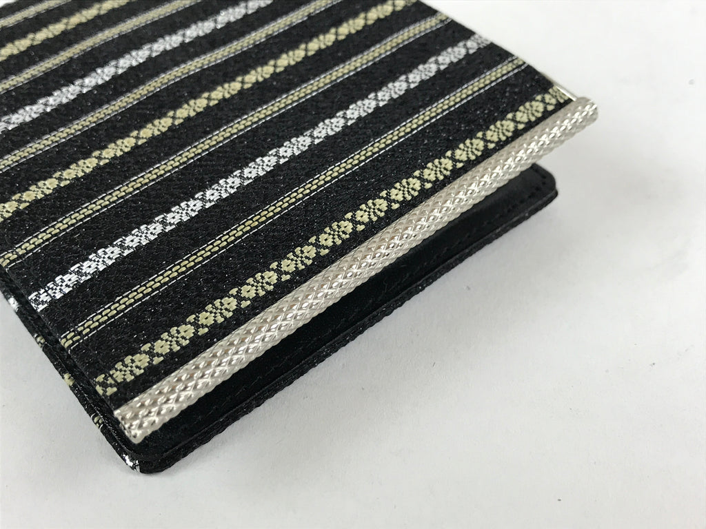Japanese Folding Wallet Coin Purse Vtg Black Leather Fabric Hakata-Ori JK617