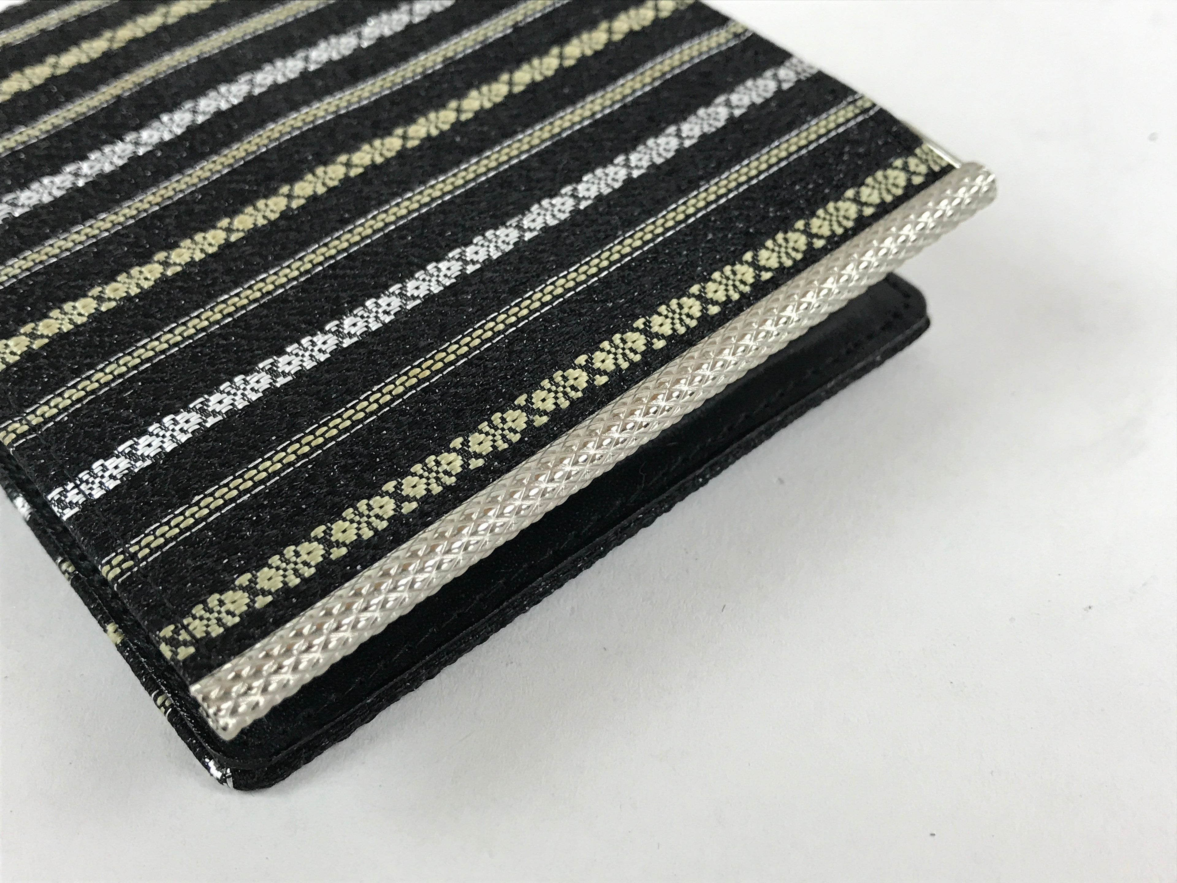 Japanese Folding Wallet Coin Purse Vtg Black Leather Fabric Hakata-Ori JK617