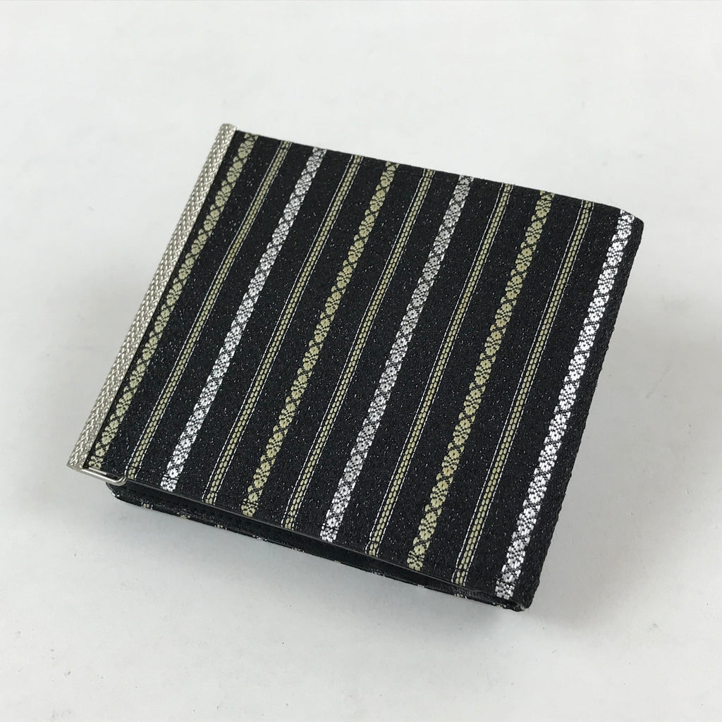 Japanese Folding Wallet Coin Purse Vtg Black Leather Fabric Hakata-Ori JK617