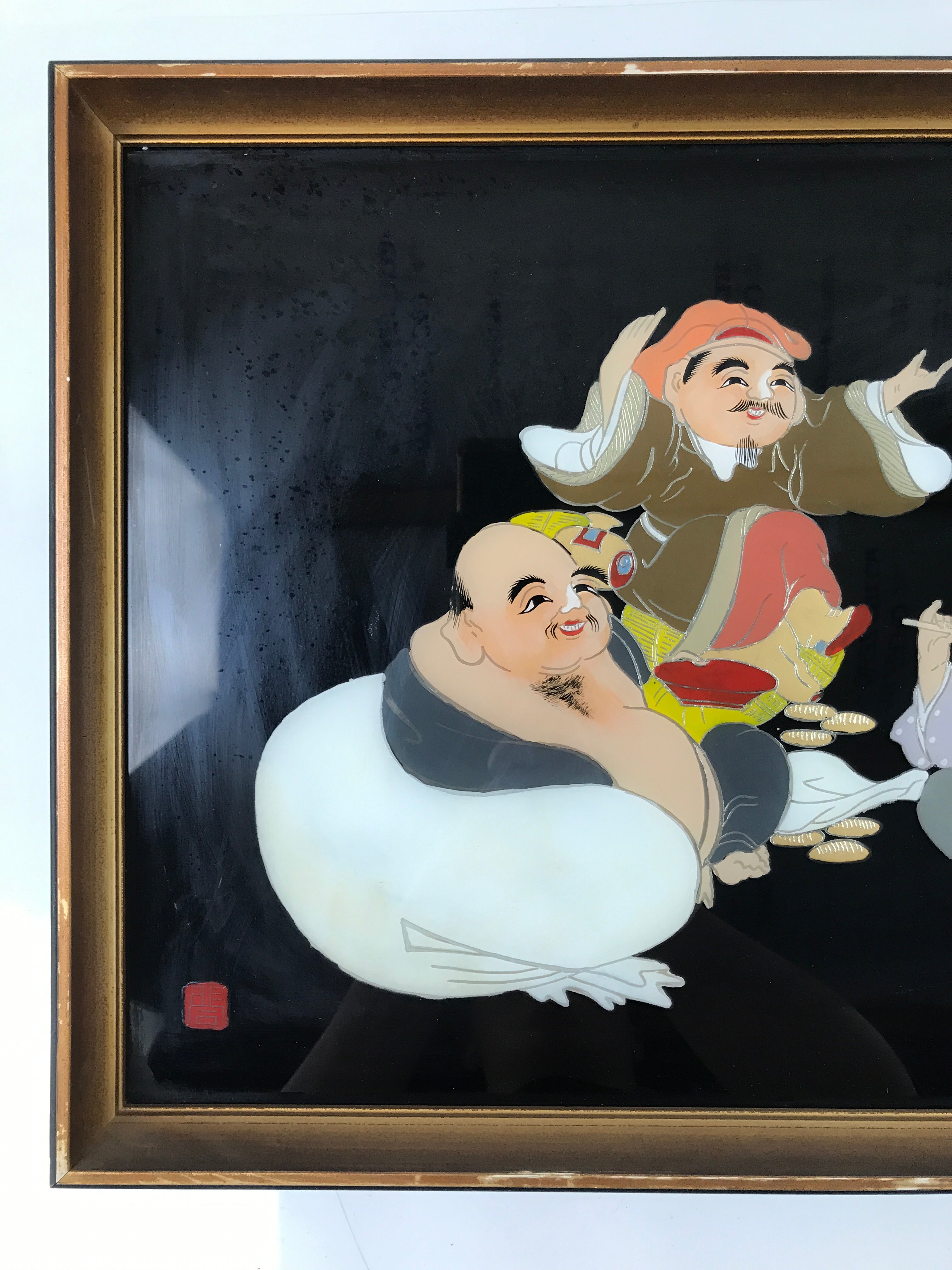 Japanese Framed 7 Lucky Gods Artwork Vtg Enamel Ebisu Daikoku Hotei Jurojin FR27