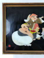 Japanese Framed 7 Lucky Gods Artwork Vtg Enamel Ebisu Daikoku Hotei Jurojin FR27