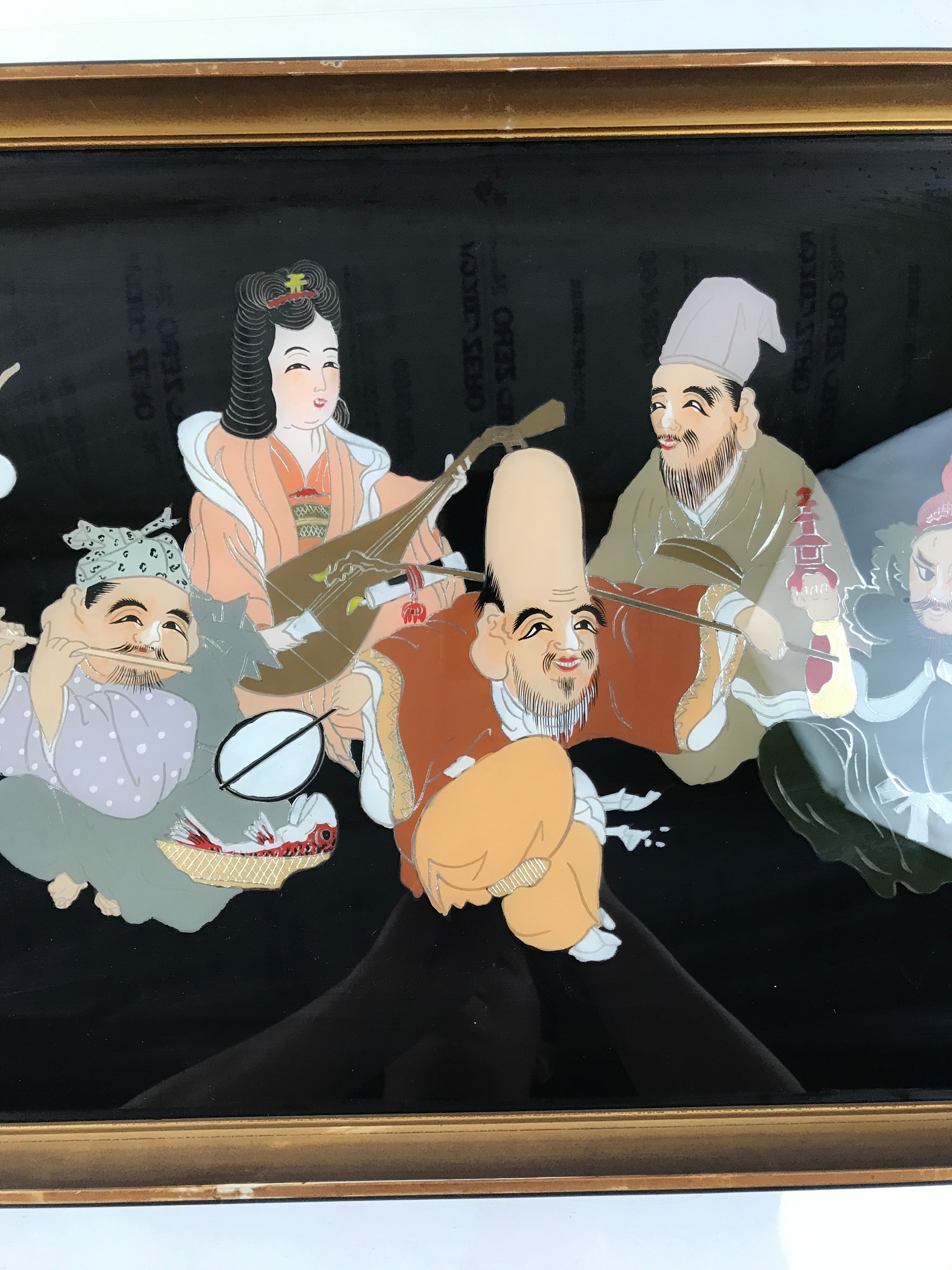 Japanese Framed 7 Lucky Gods Artwork Vtg Enamel Ebisu Daikoku Hotei Jurojin FR27