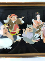 Japanese Framed 7 Lucky Gods Artwork Vtg Enamel Ebisu Daikoku Hotei Jurojin FR27