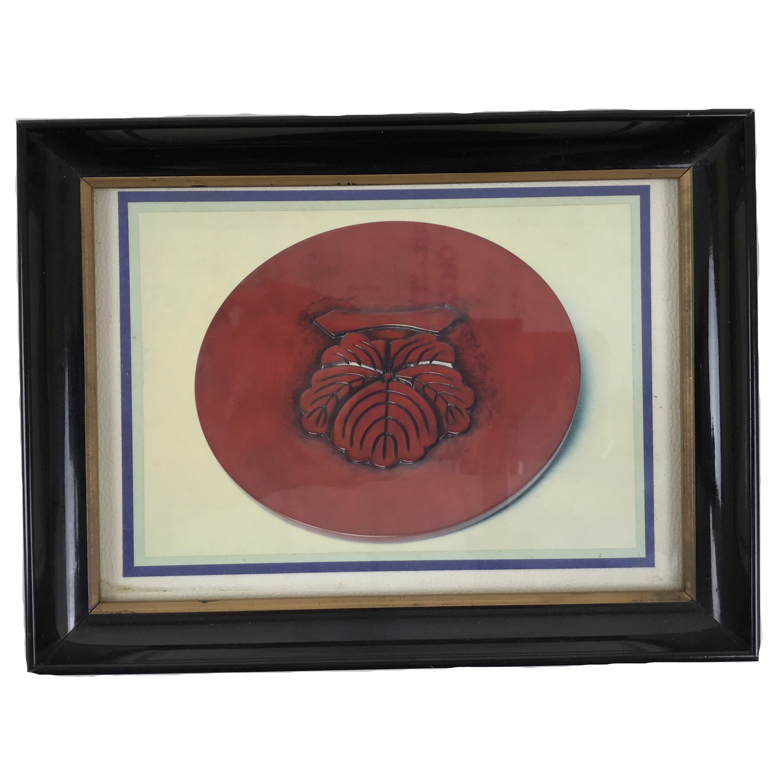 Japanese Framed Artwork Vtg Family Crest Ivy Tsuta Brown Oval Wood Glass FR34