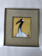 Japanese Framed Artwork Vtg Red-Crowned Crane Cloisonne Shippo Metal Silk FR29