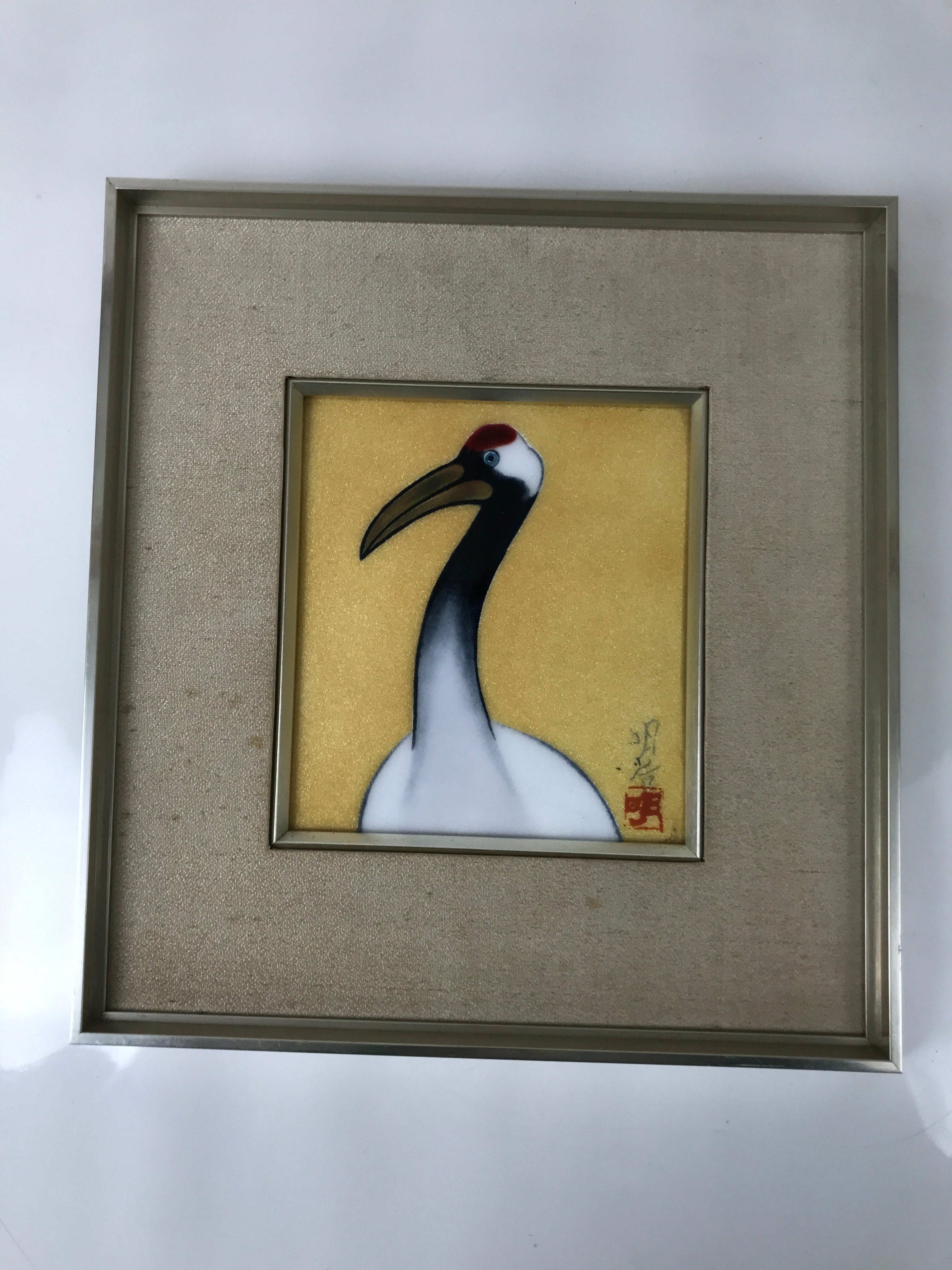 Japanese Framed Artwork Vtg Red-Crowned Crane Cloisonne Shippo Metal Silk FR29