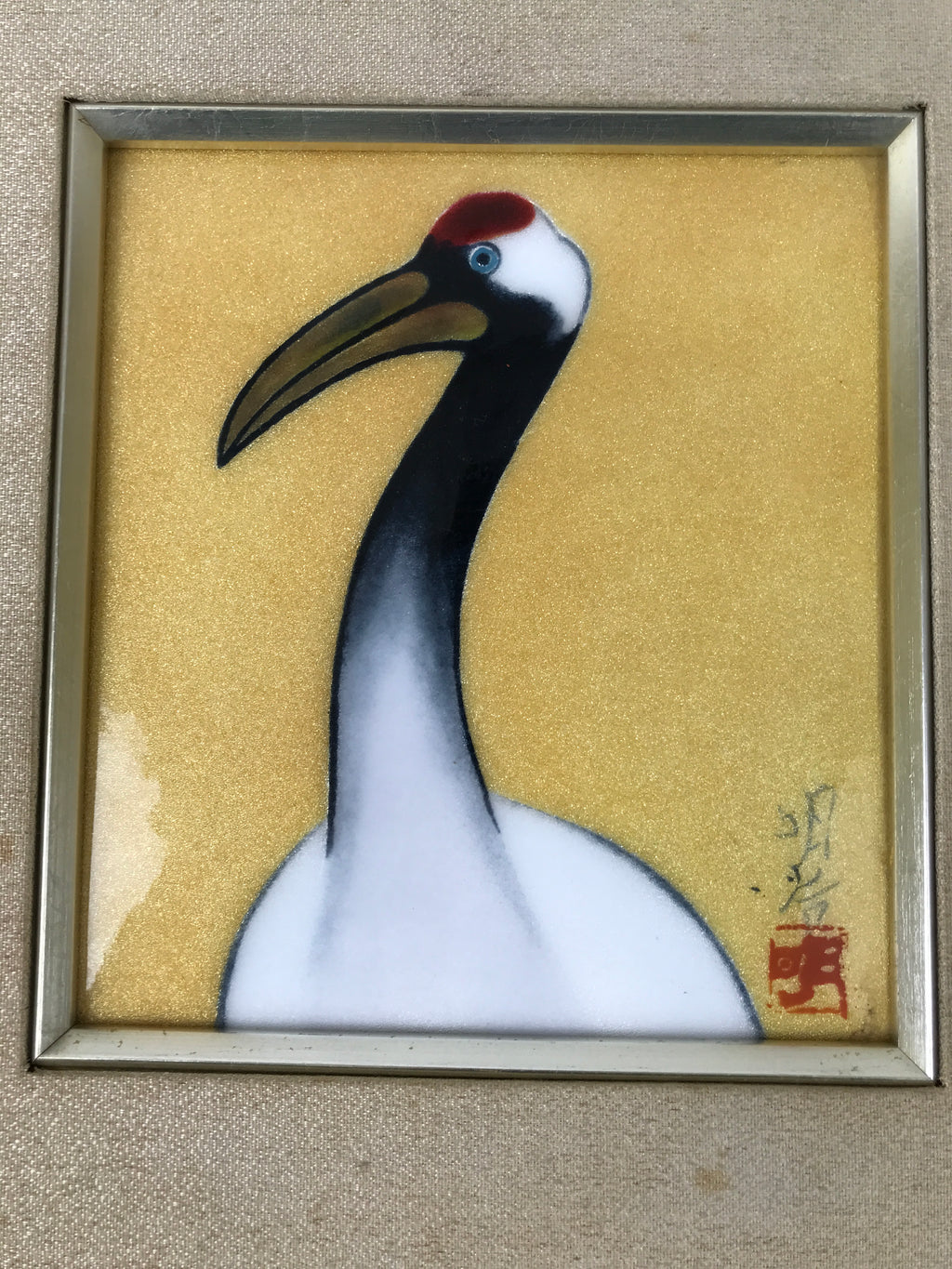 Japanese Framed Artwork Vtg Red-Crowned Crane Cloisonne Shippo Metal Silk FR29