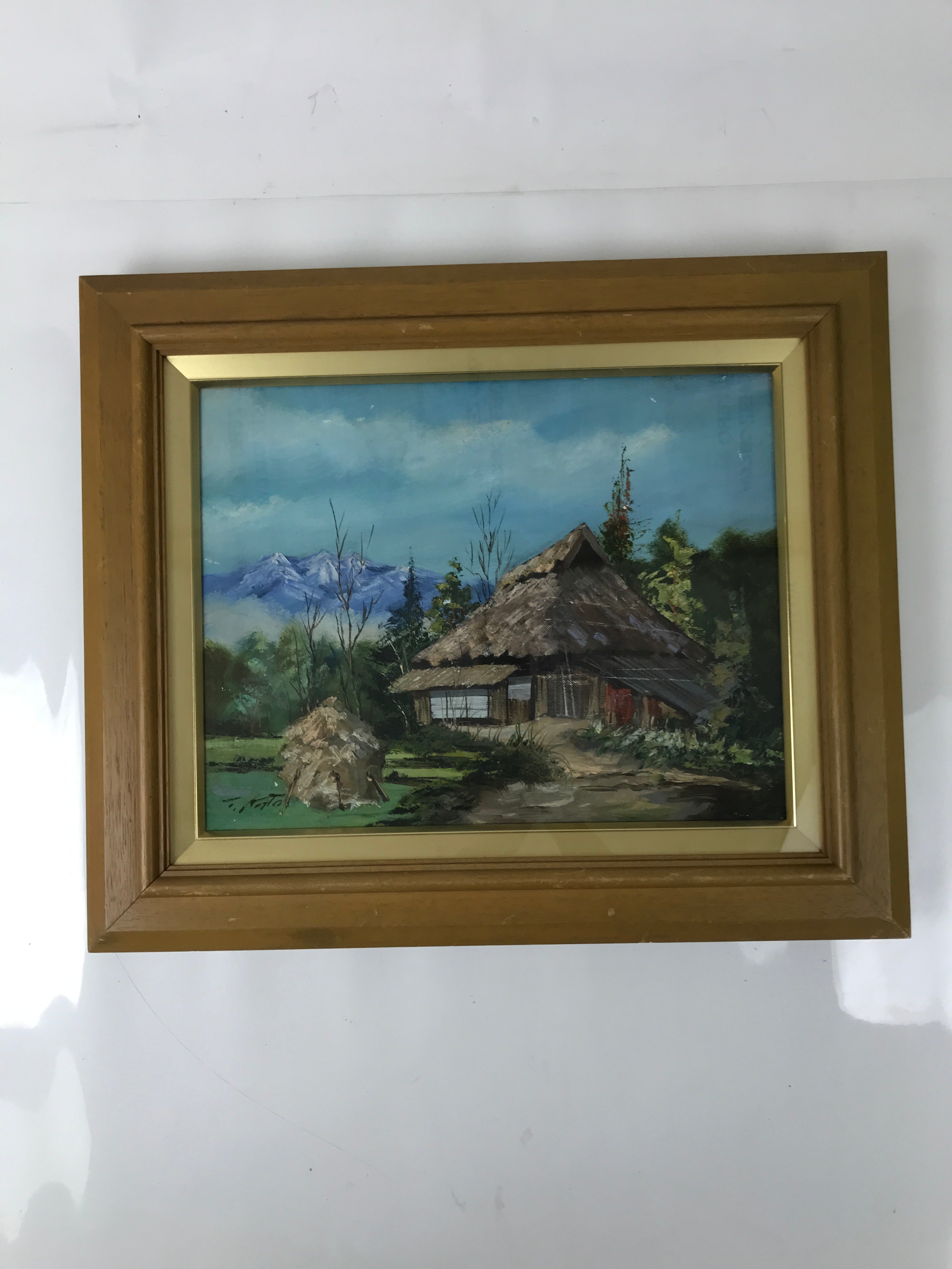 Japanese Framed Artwork Vtg Traditional House Kominka Mountain Acrylic FR31