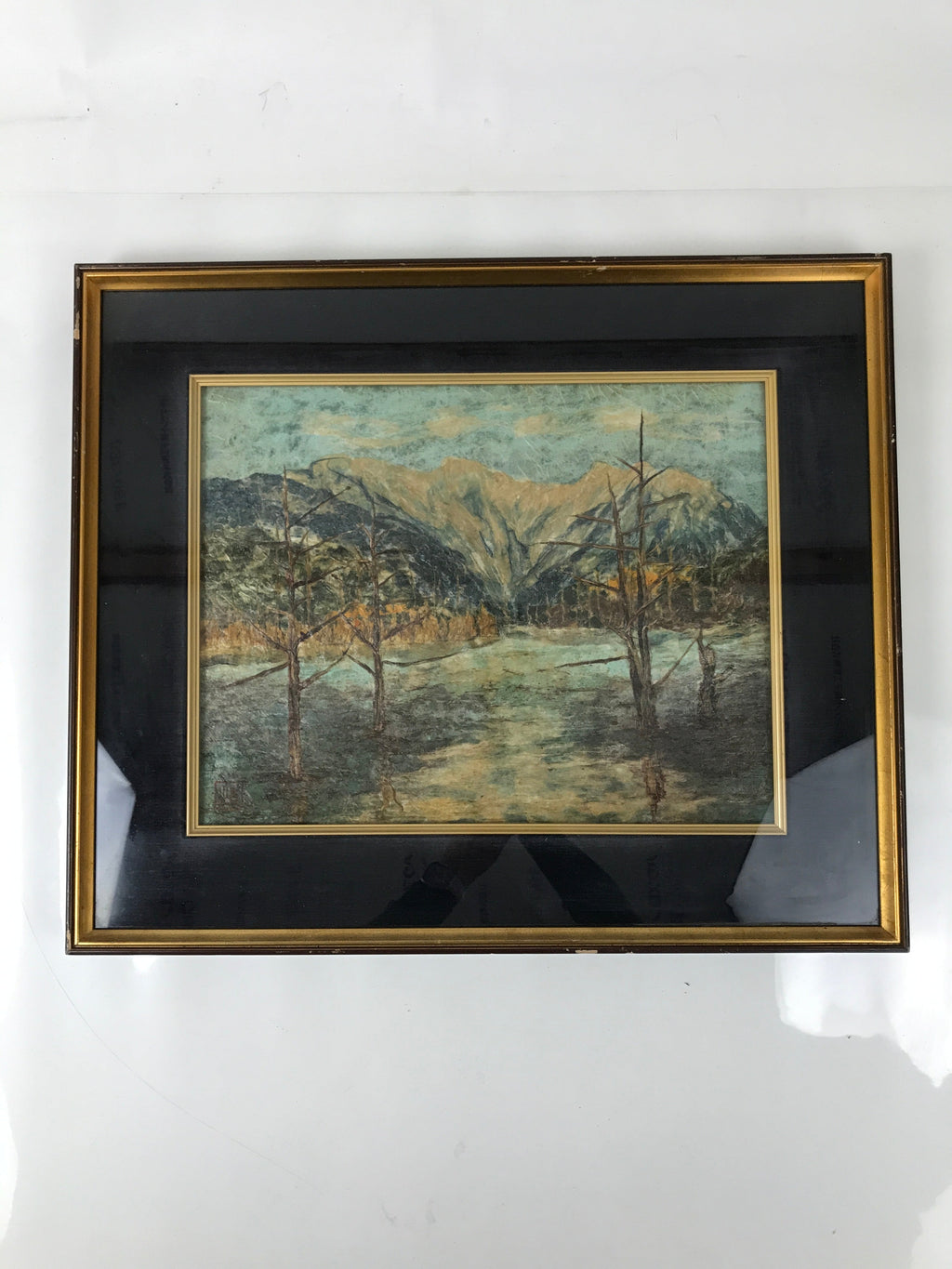 Japanese Framed Artwork Vtg Trees Mountain Winter Textured Washi Paper FR30