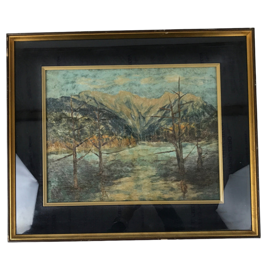 Japanese Framed Artwork Vtg Trees Mountain Winter Textured Washi Paper FR30