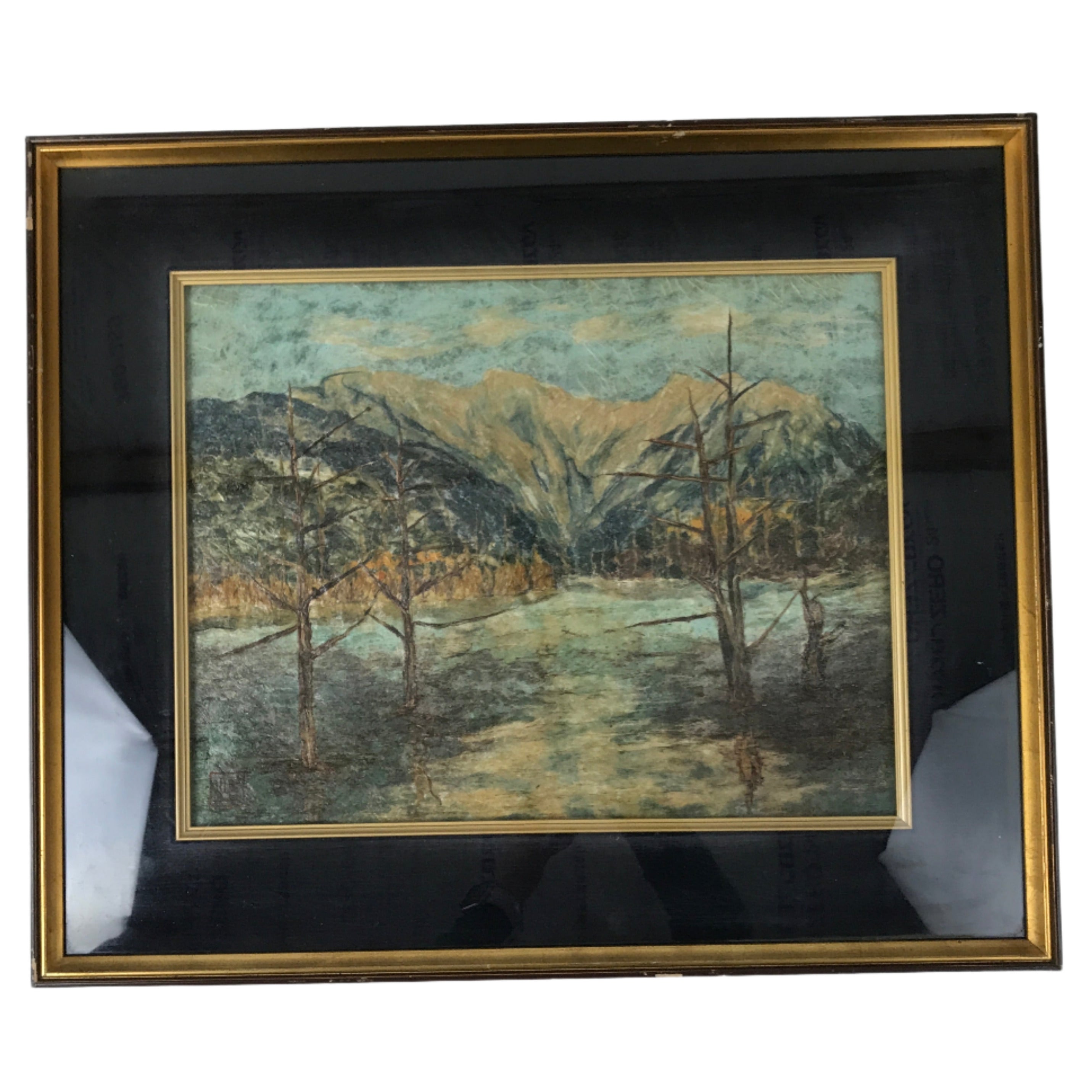 Japanese Framed Artwork Vtg Trees Mountain Winter Textured Washi Paper FR30
