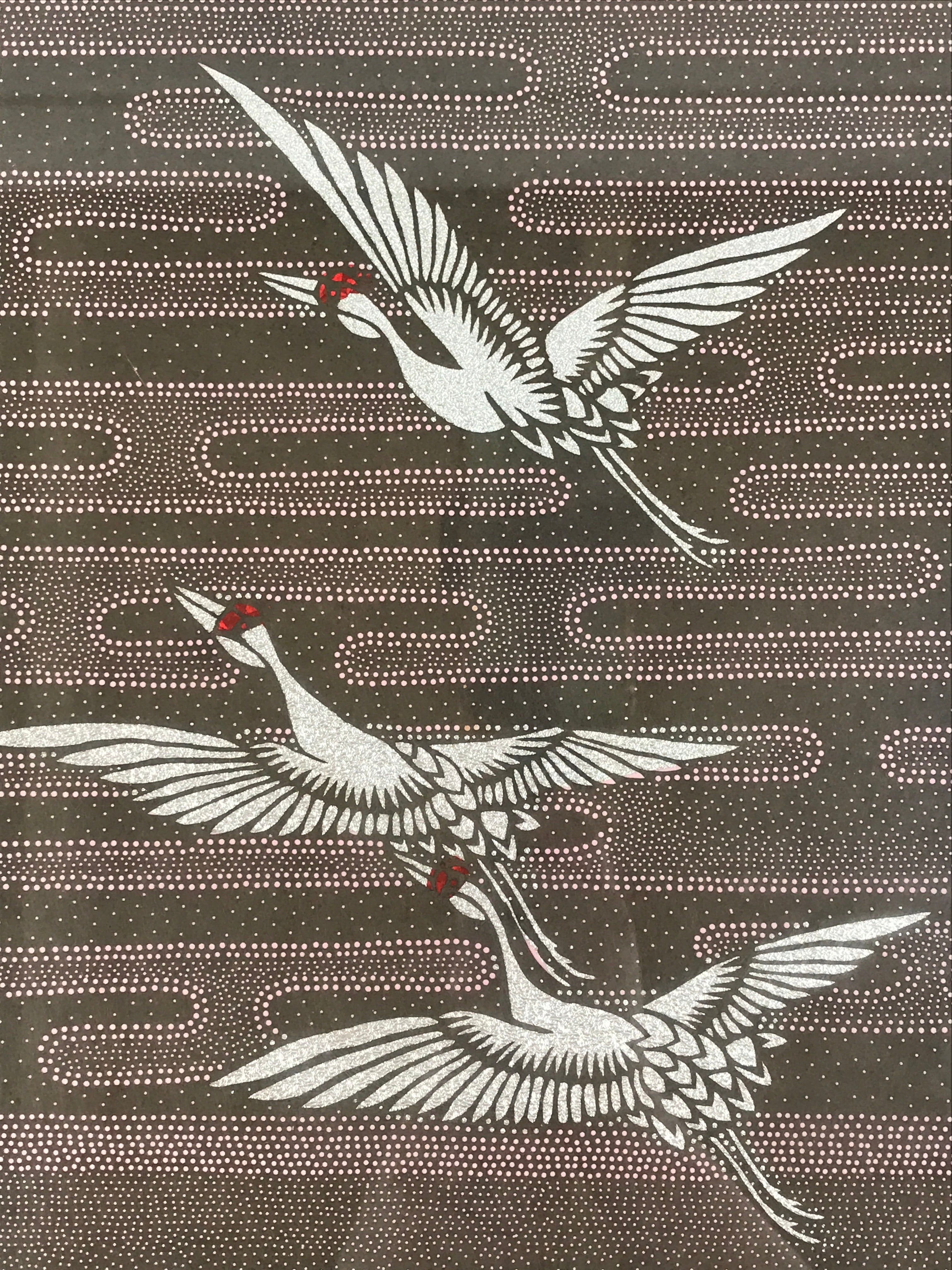 Japanese Framed Colored Katagami Vtg Kimono Stencil Flying Tsuru Cranes FR10