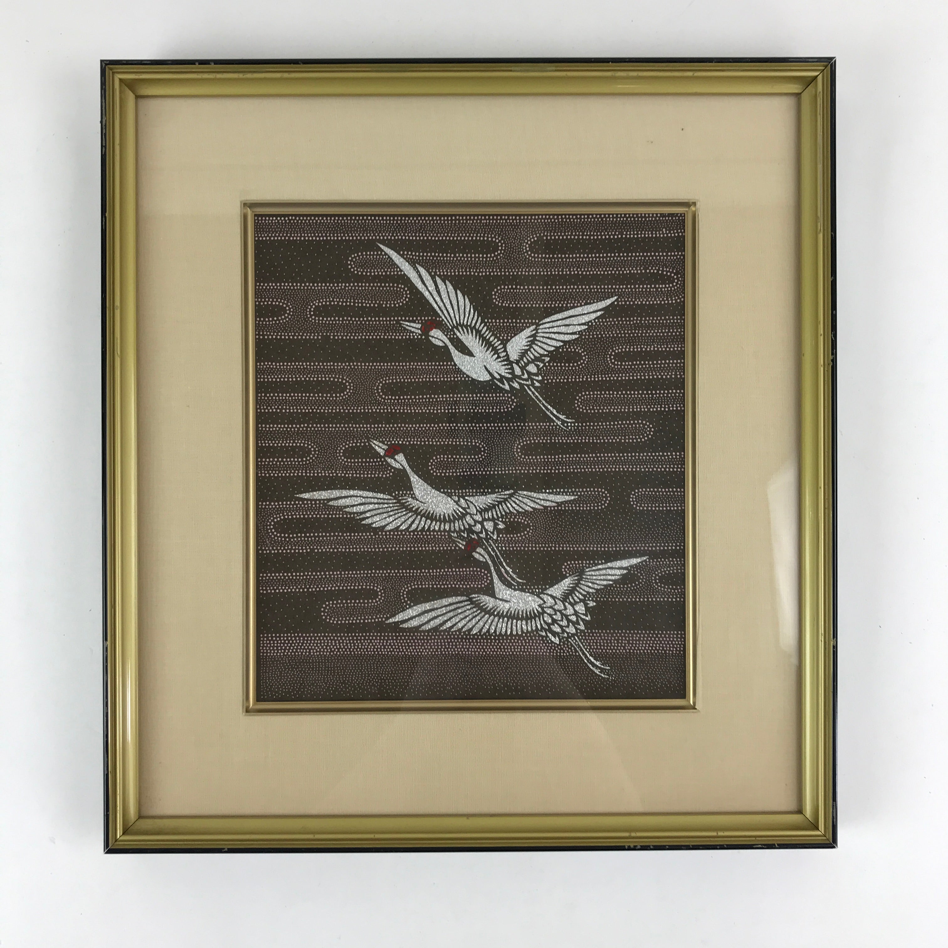 Japanese Framed Colored Katagami Vtg Kimono Stencil Flying Tsuru Cranes FR10