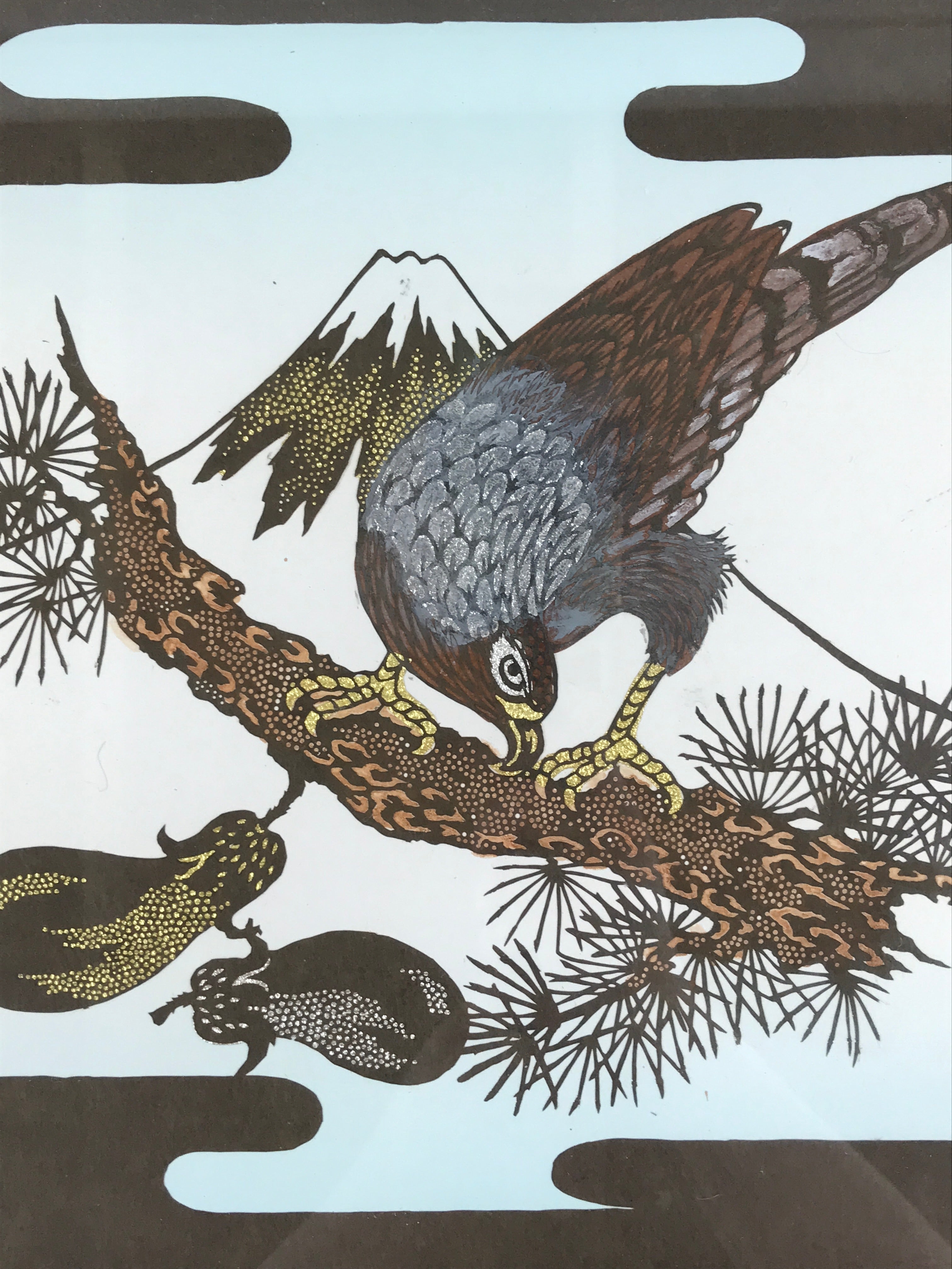 Japanese Framed Colored Katagami Vtg Kimono Stencil Pine Tree Mt. Fuji Hawk FR9