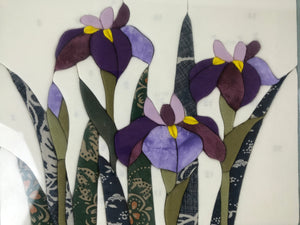 Japanese Framed Fabric Iris Flowers Art Vtg Oshie Zaiku Hanashoubu Purple FR24