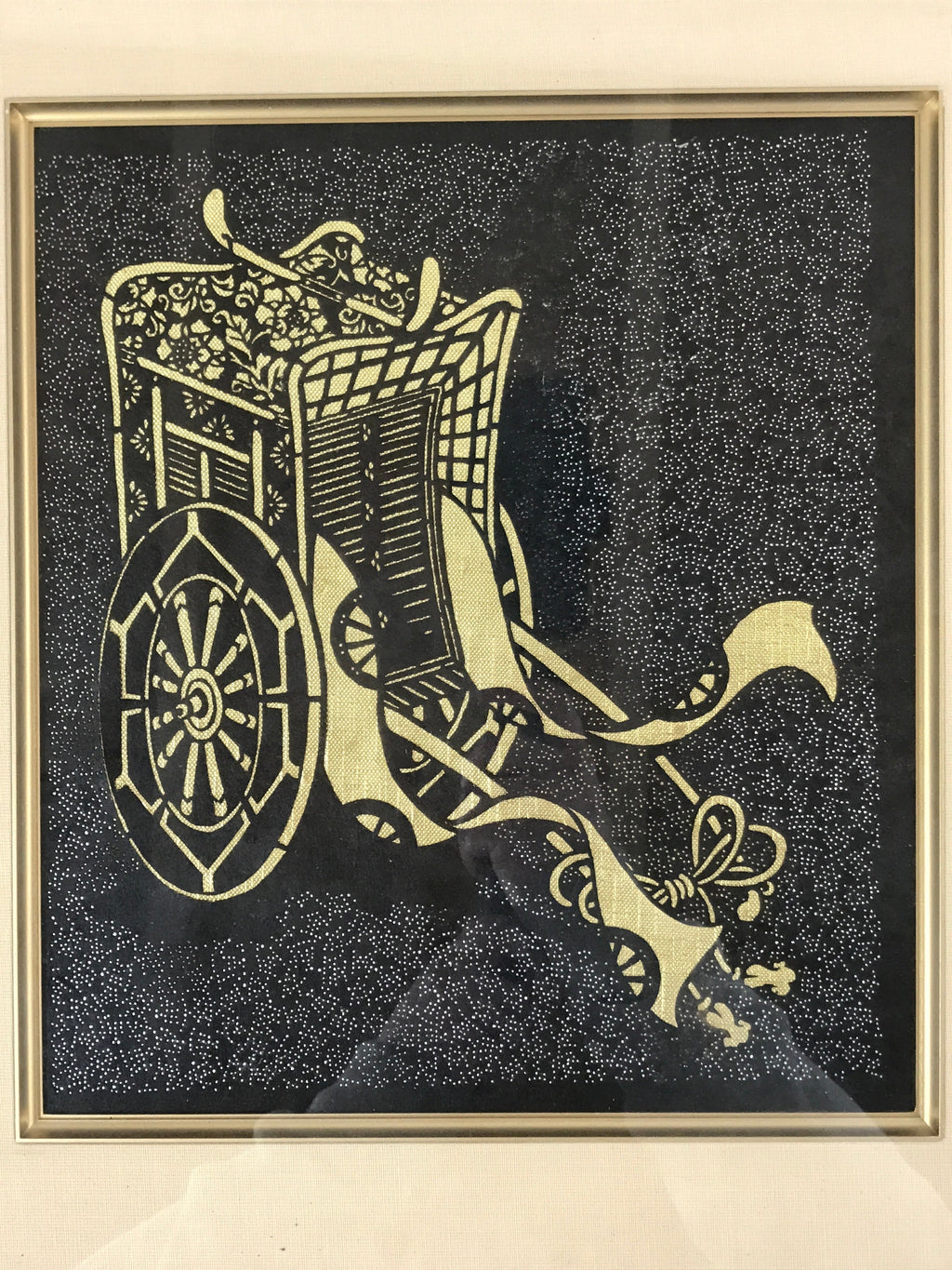 Japanese Framed Katagami Kimono Stencil Vtg Gosho Guruma Court Carriage FR26