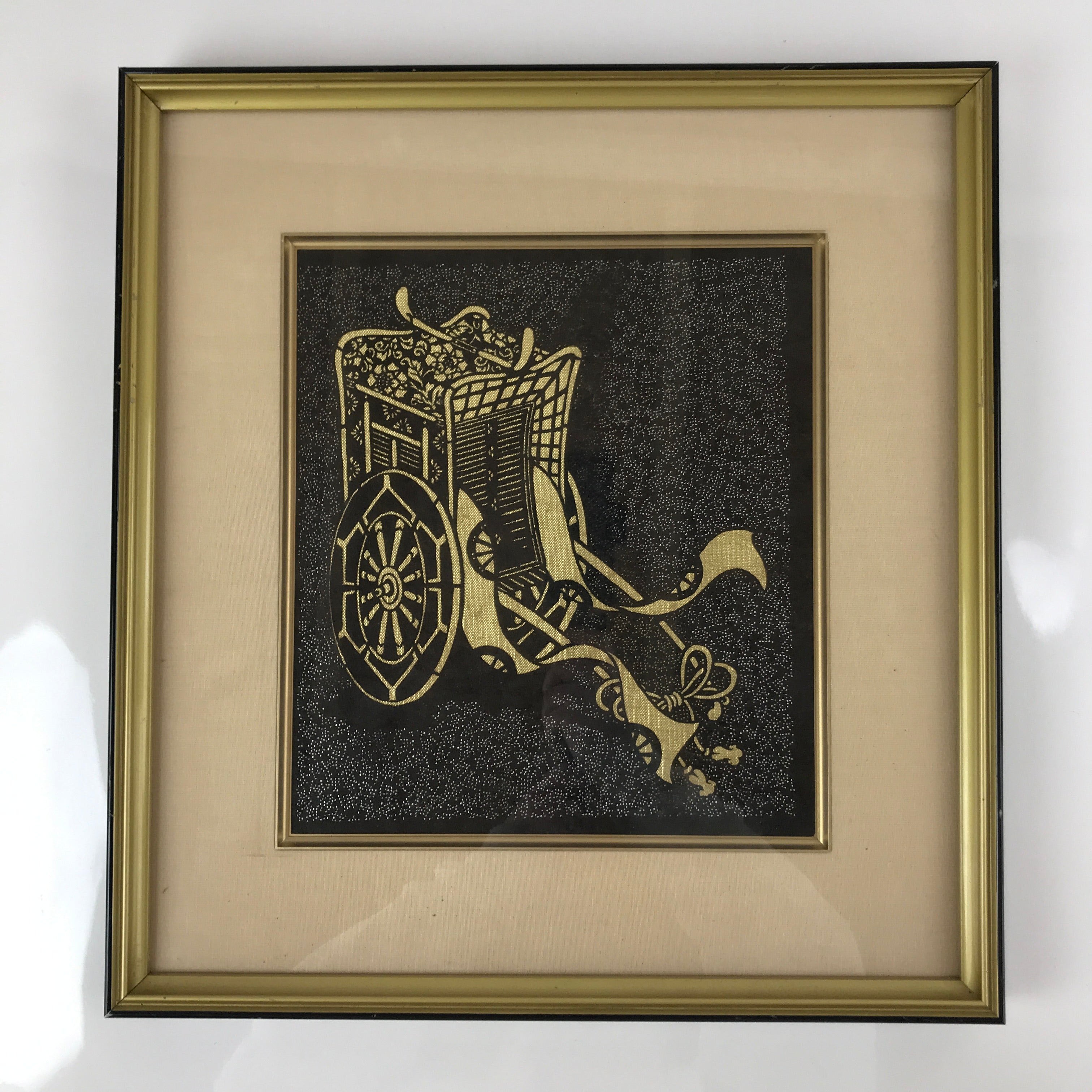 Japanese Framed Katagami Kimono Stencil Vtg Gosho Guruma Court Carriage FR26