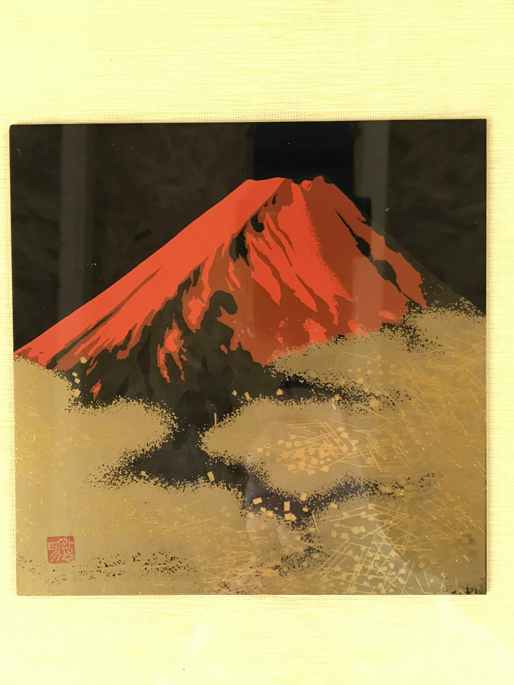 Japanese Framed Resin Mt. Fuji Art Vtg Makie Gold Orange Black Mountain FR21