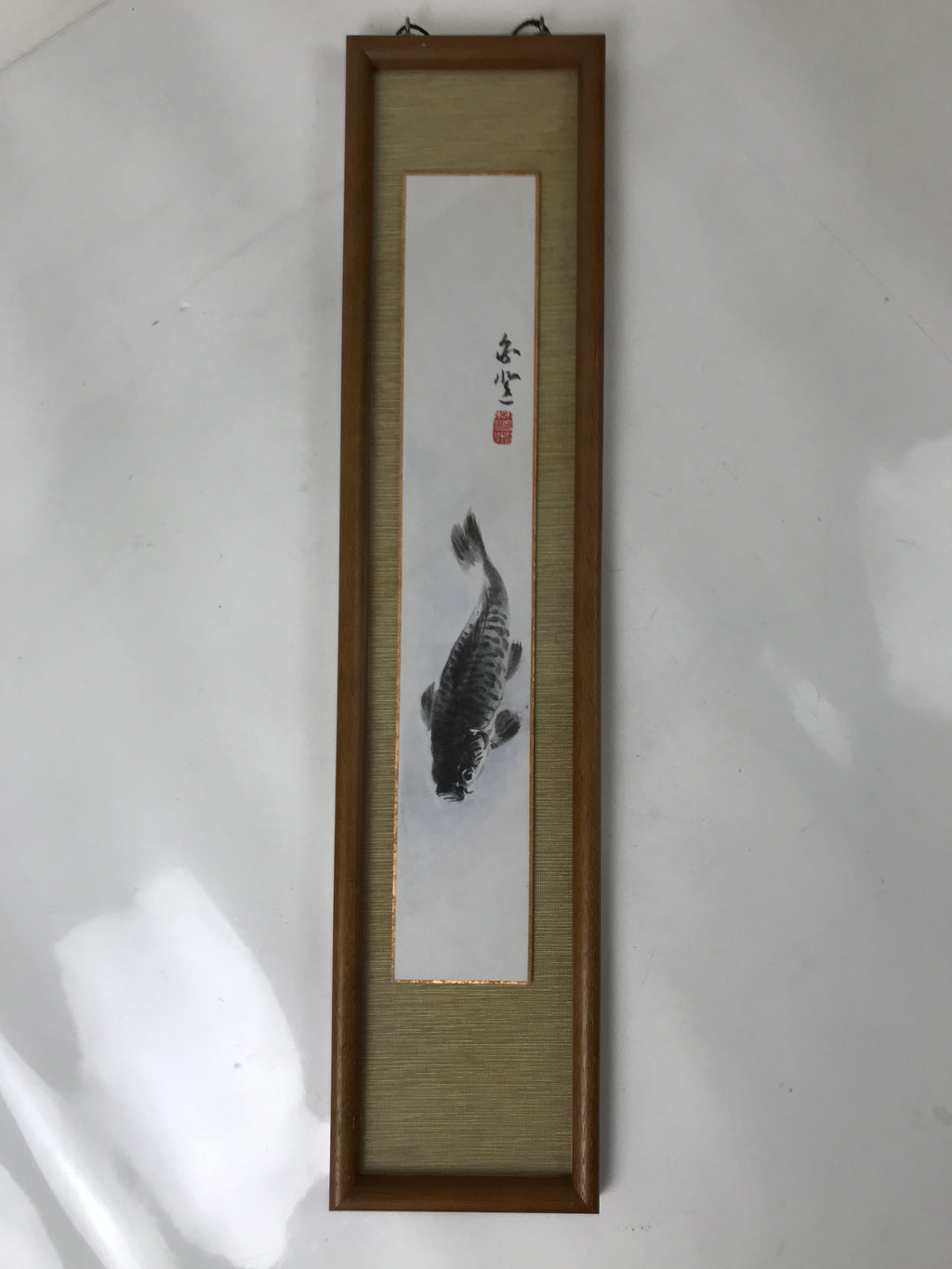 Japanese Framed Tanzaku Artwork Vtg Carp Koi Fish Black Plexiglass Panel FR28