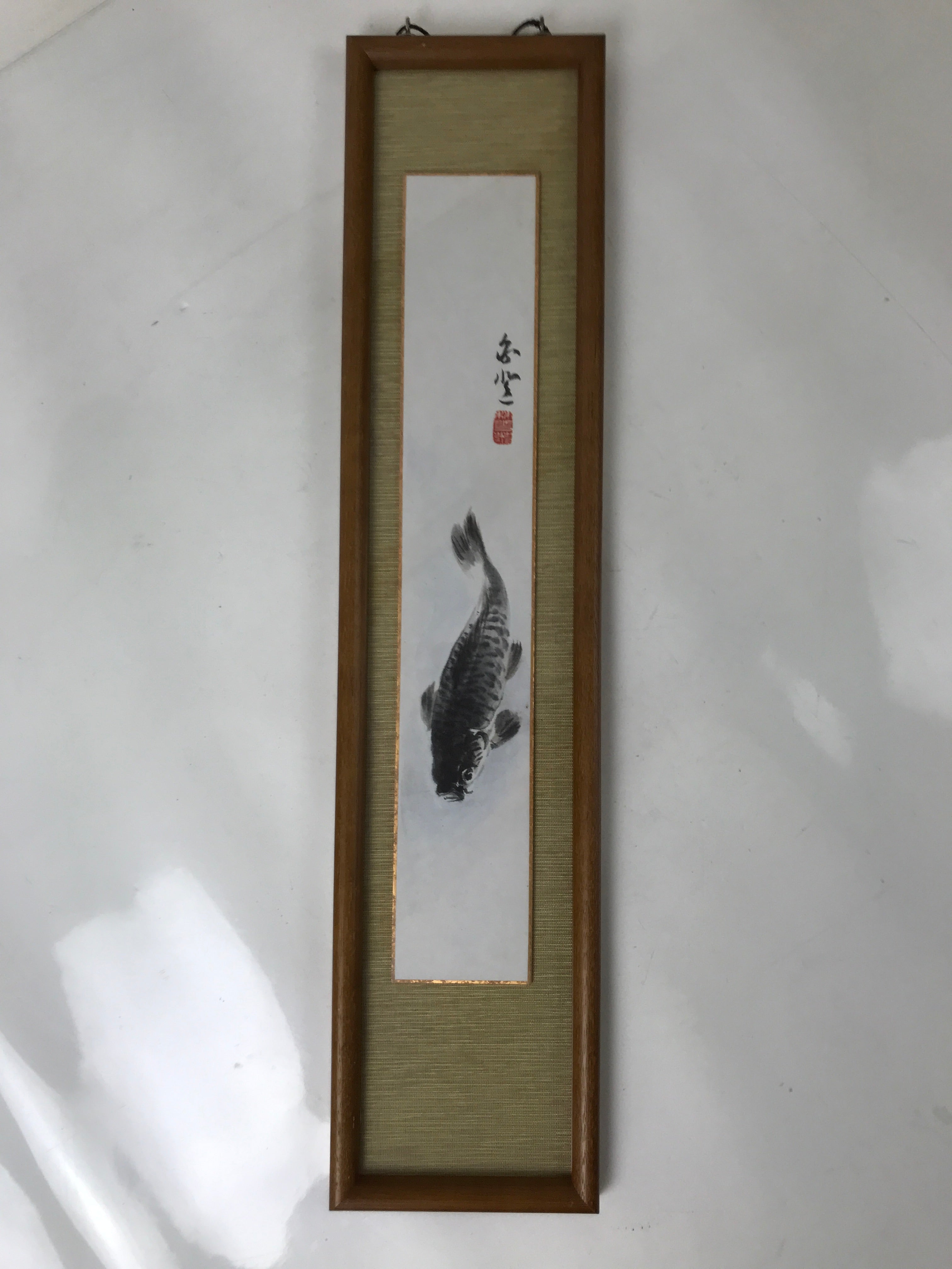 Japanese Framed Tanzaku Artwork Vtg Carp Koi Fish Black Plexiglass Panel FR28