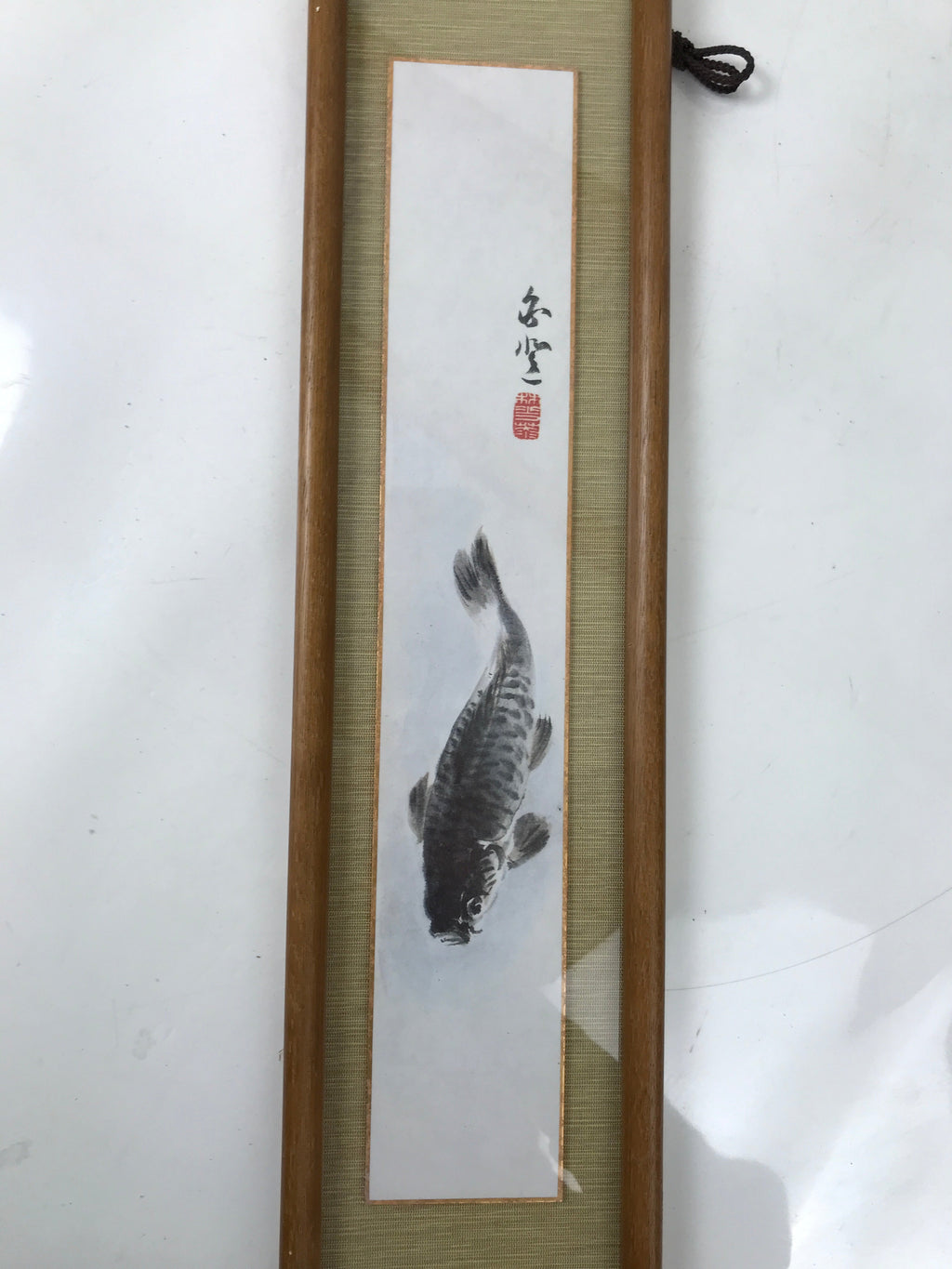Japanese Framed Tanzaku Artwork Vtg Carp Koi Fish Black Plexiglass Panel FR28