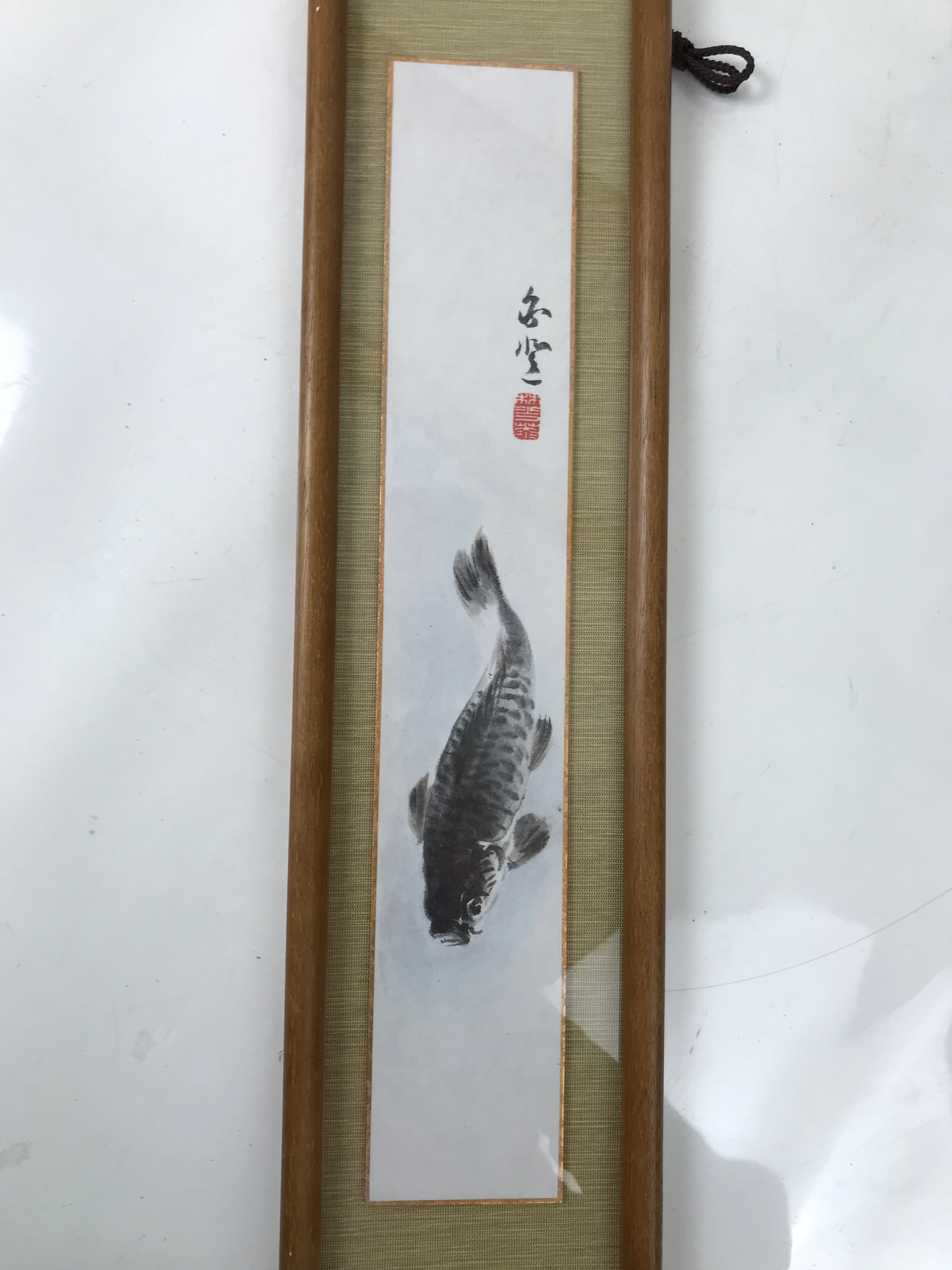 Japanese Framed Tanzaku Artwork Vtg Carp Koi Fish Black Plexiglass Panel FR28