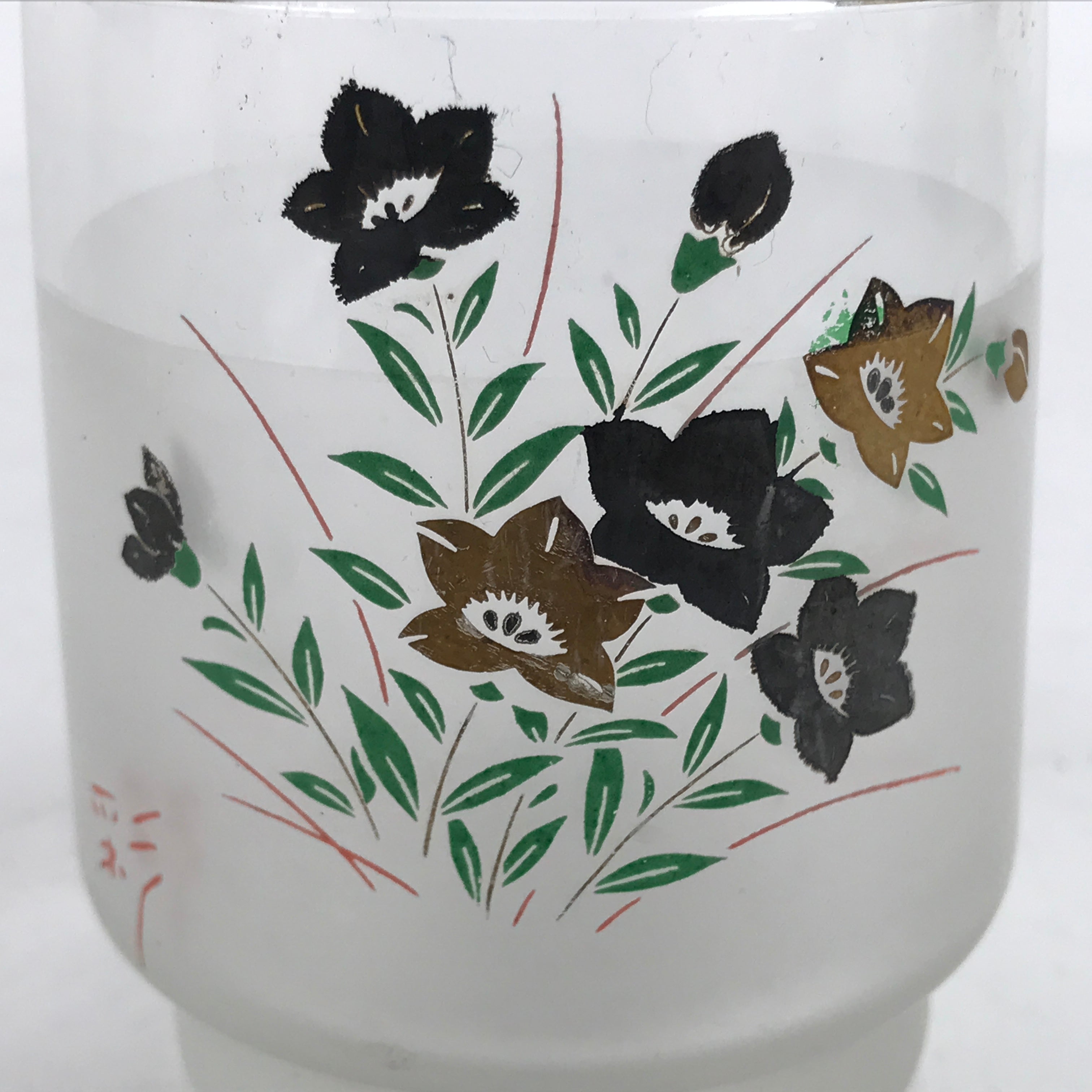 Japanese Frosted Glass Teacup Vtg Black Gold Asagao Flower Yunomi TC446