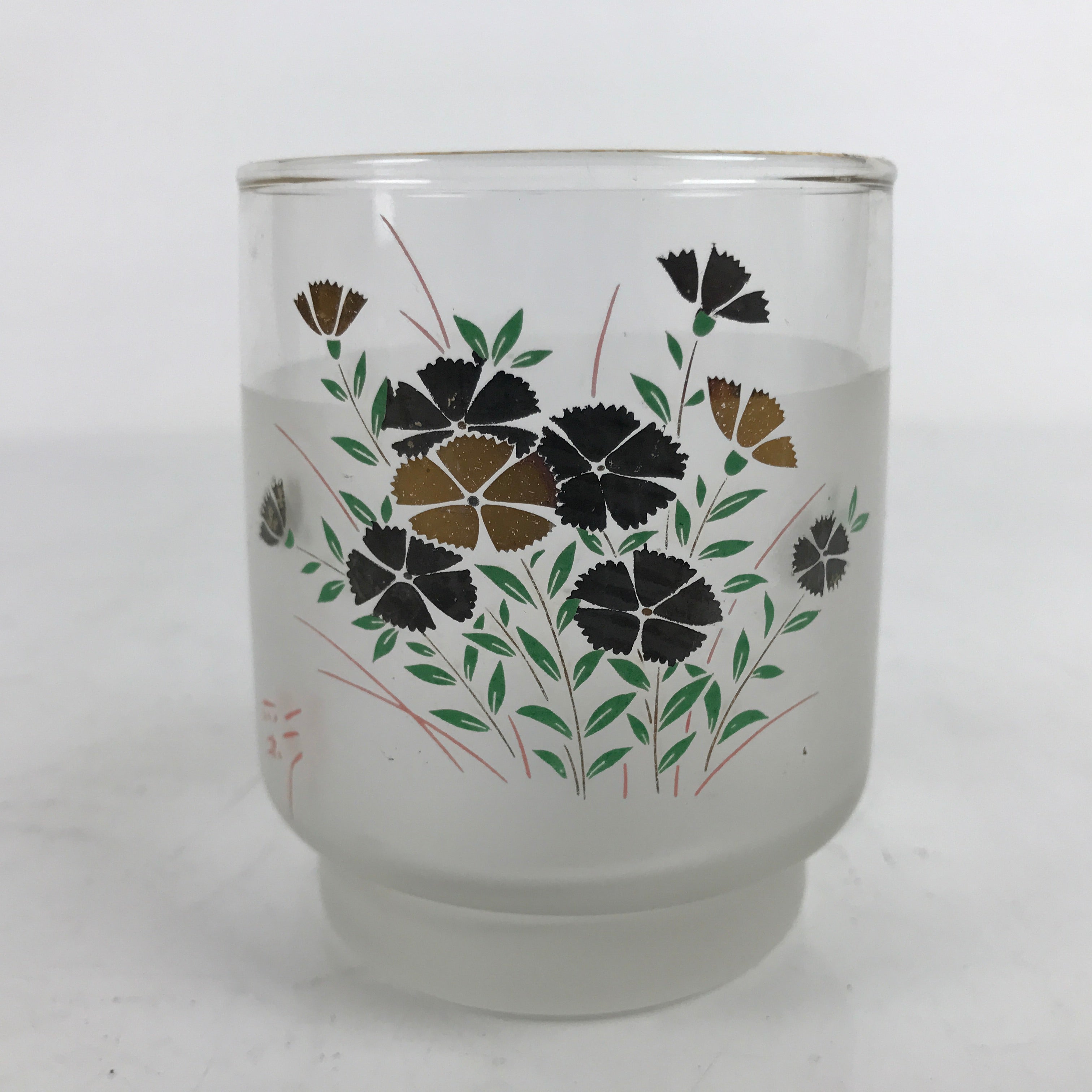 Japanese Frosted Glass Teacup Vtg Black Gold Nadeshiko Flower Yunomi TC445